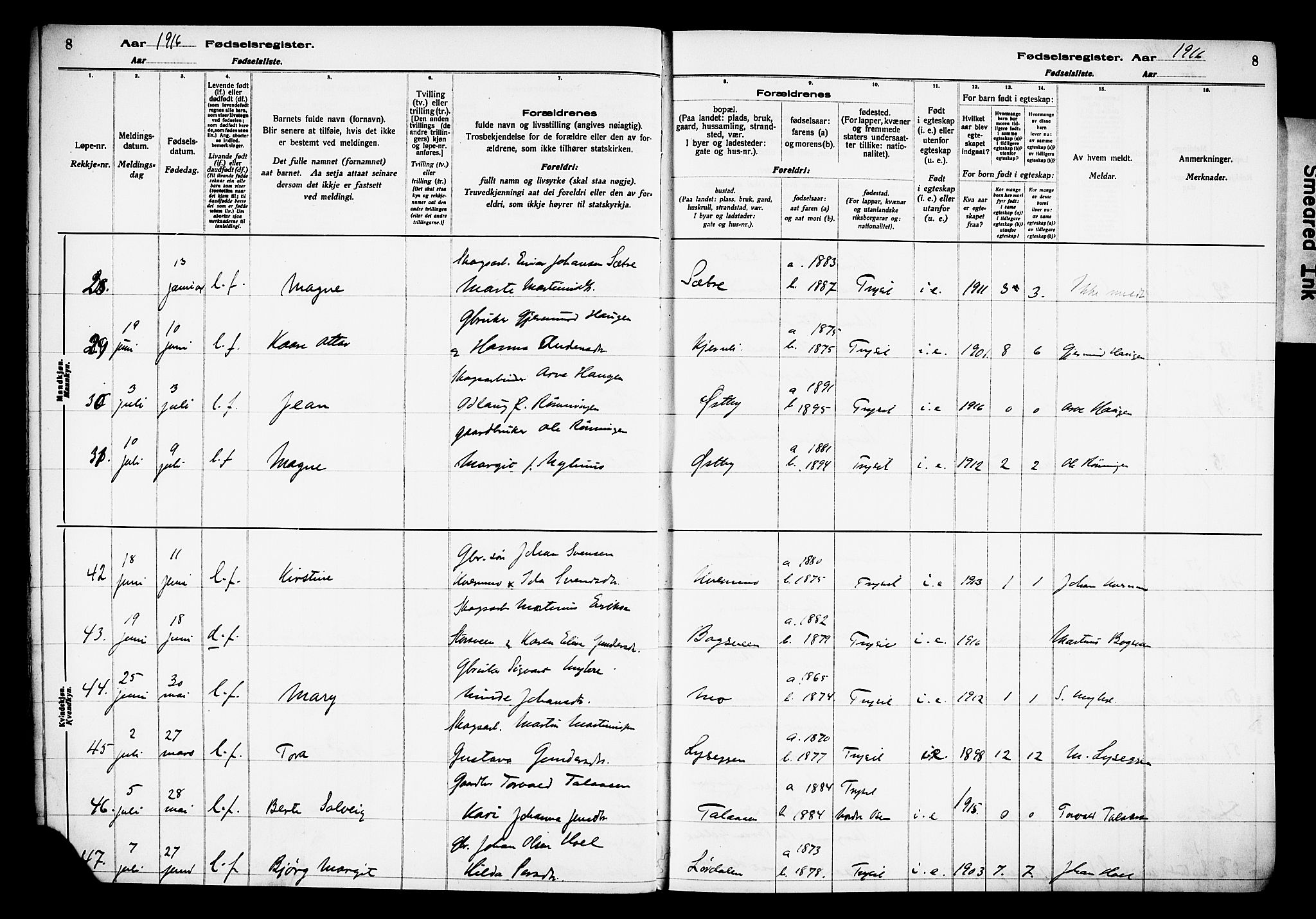 Trysil prestekontor, AV/SAH-PREST-046/I/Id/Ida/L0001: Birth register no. I 1, 1916-1927, p. 8