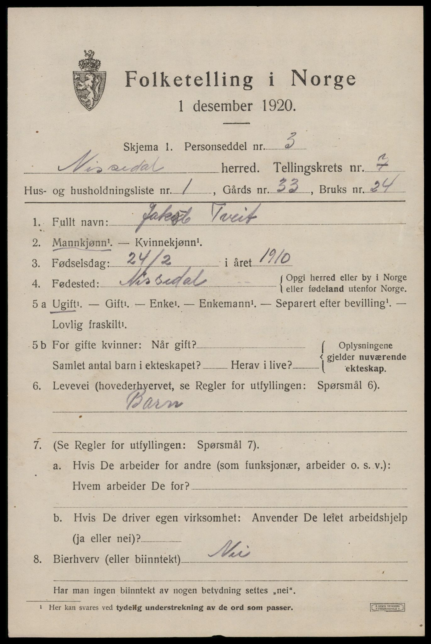 SAKO, 1920 census for Nissedal, 1920, p. 2477