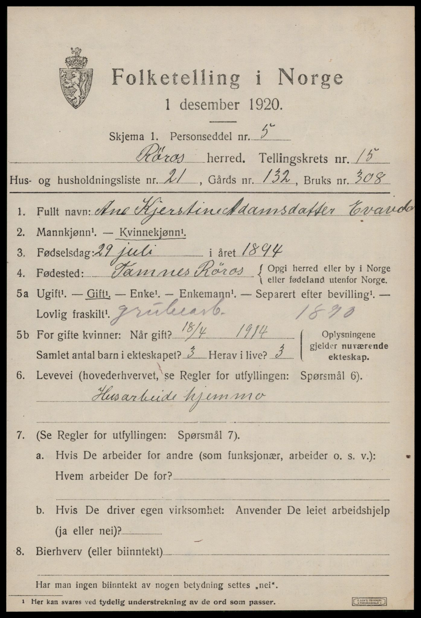 SAT, 1920 census for Røros, 1920, p. 10606