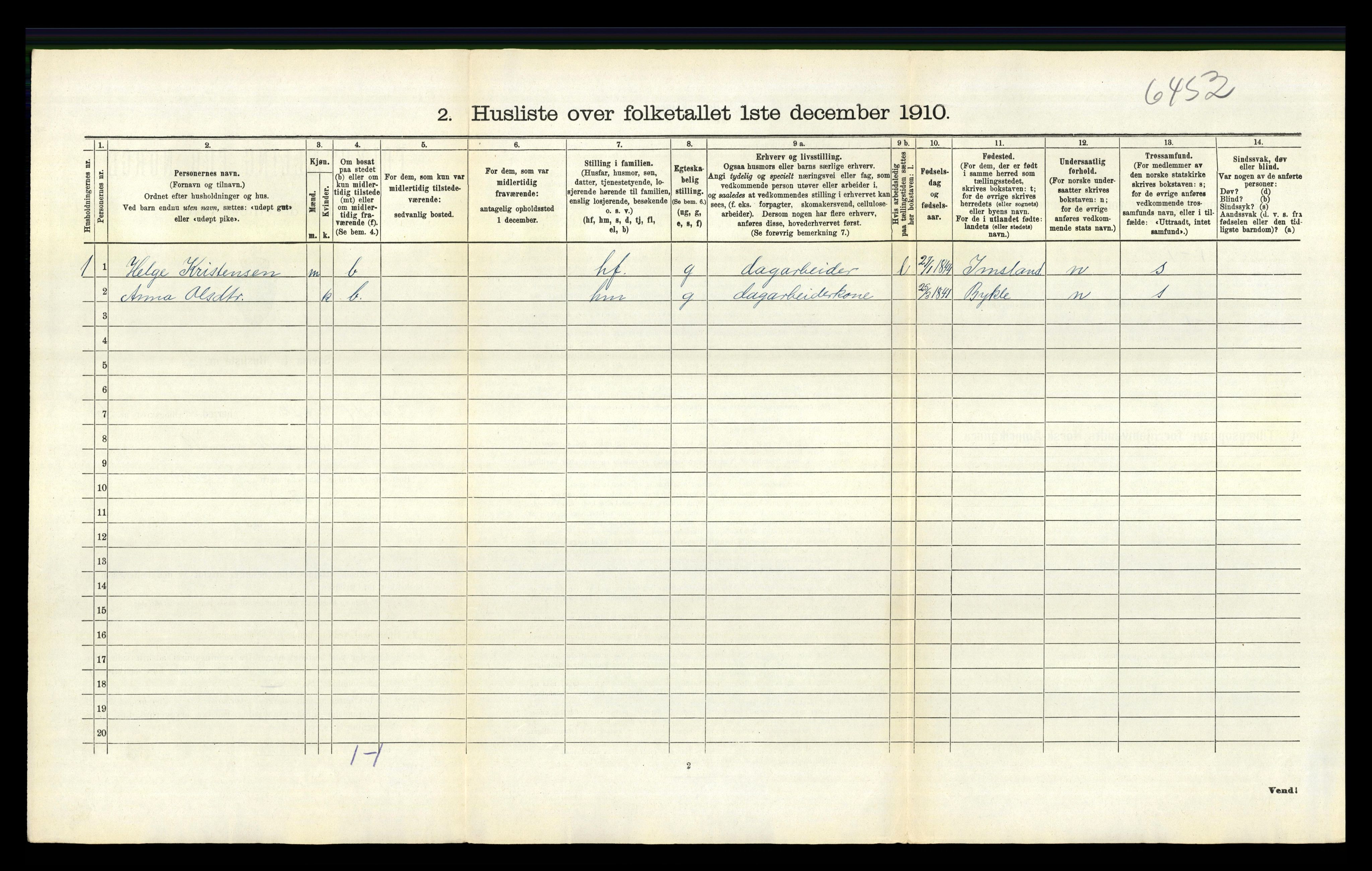 RA, 1910 census for Sand, 1910, p. 282