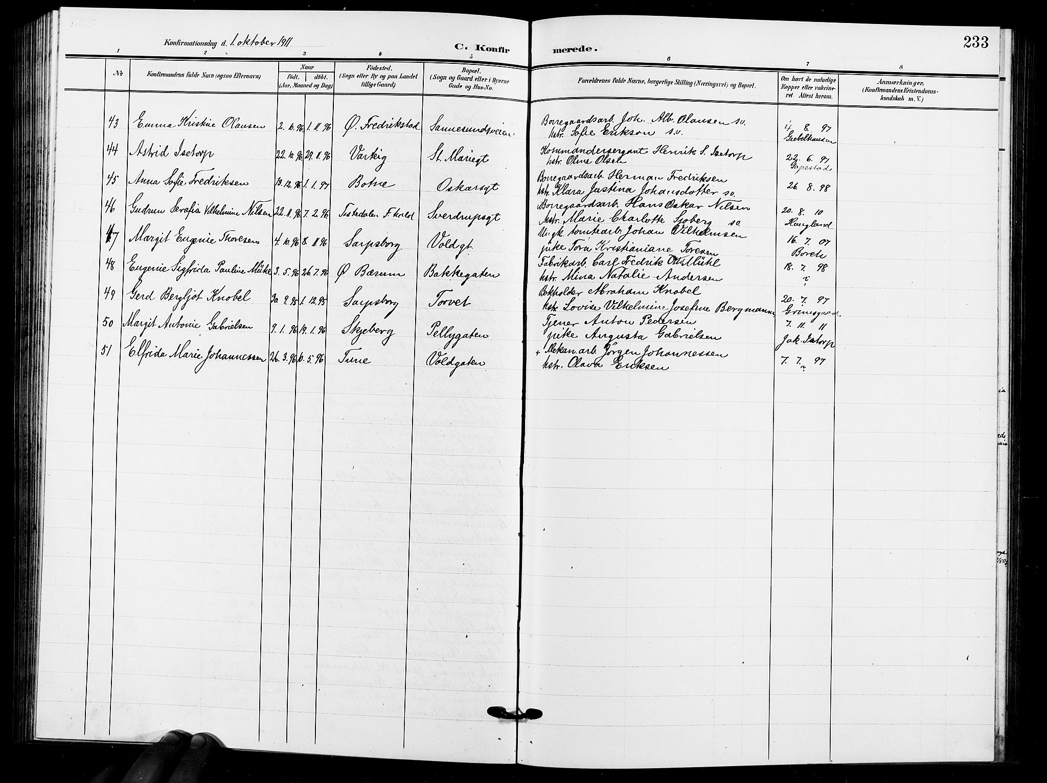 Sarpsborg prestekontor Kirkebøker, AV/SAO-A-2006/G/Ga/L0001: Parish register (copy) no. 1, 1902-1911, p. 233