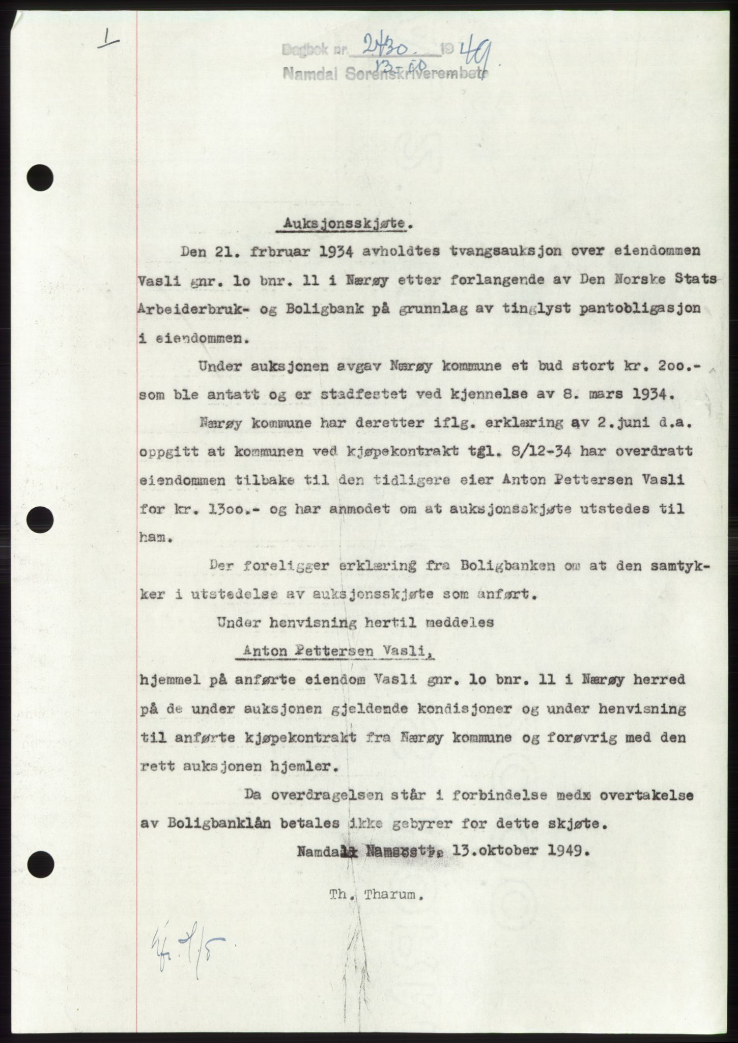 Namdal sorenskriveri, AV/SAT-A-4133/1/2/2C: Mortgage book no. -, 1949-1949, Diary no: : 2430/1949