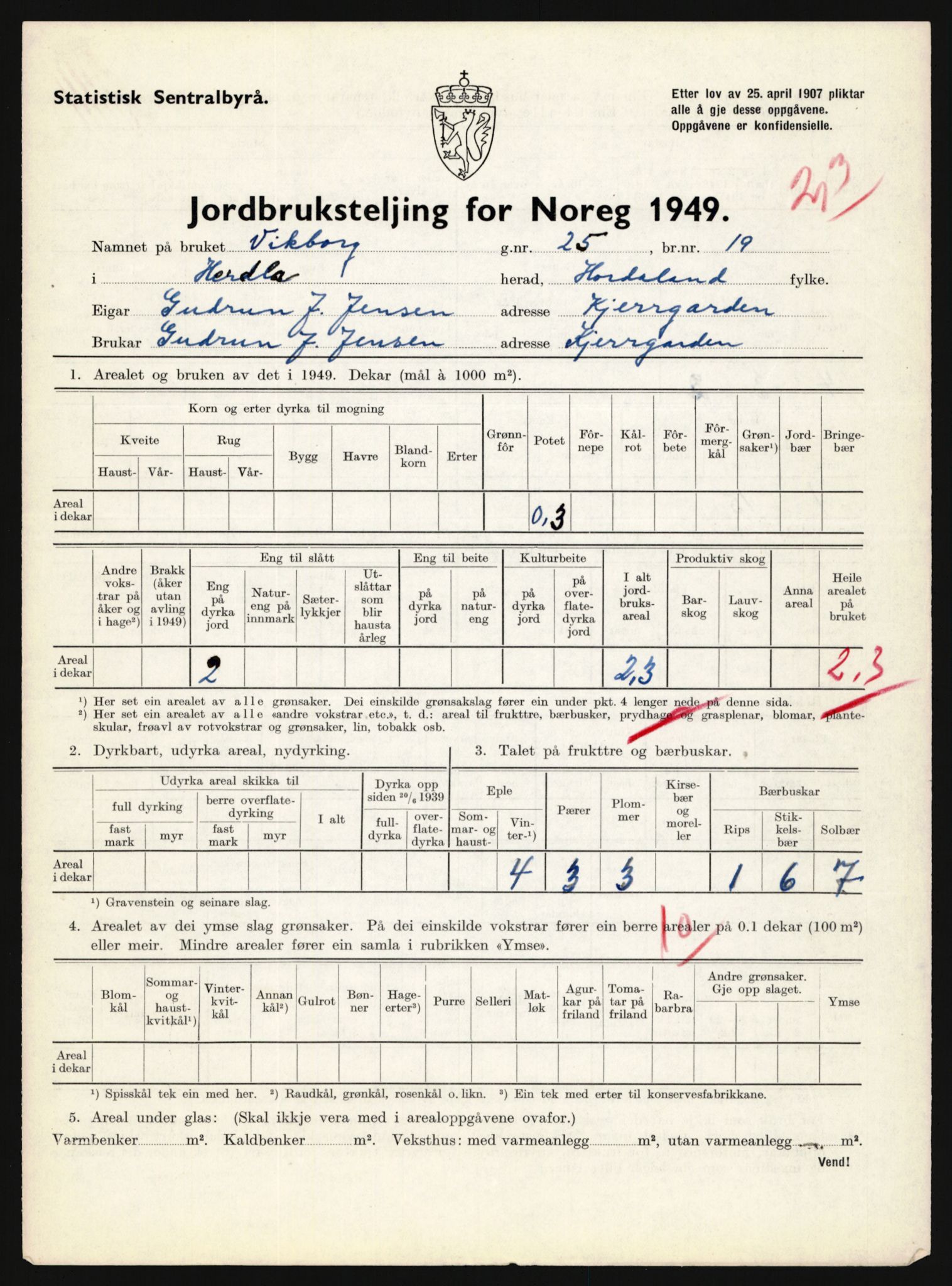 Statistisk sentralbyrå, Næringsøkonomiske emner, Jordbruk, skogbruk, jakt, fiske og fangst, AV/RA-S-2234/G/Gc/L0276: Hordaland: Herdla og Hjelme, 1949, p. 120