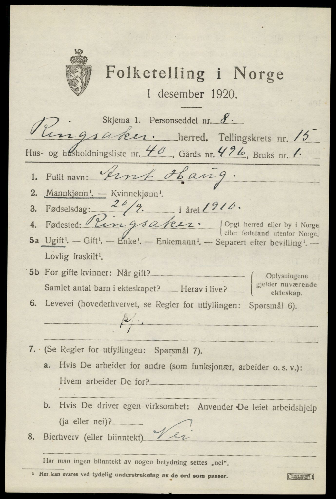 SAH, 1920 census for Ringsaker, 1920, p. 22300