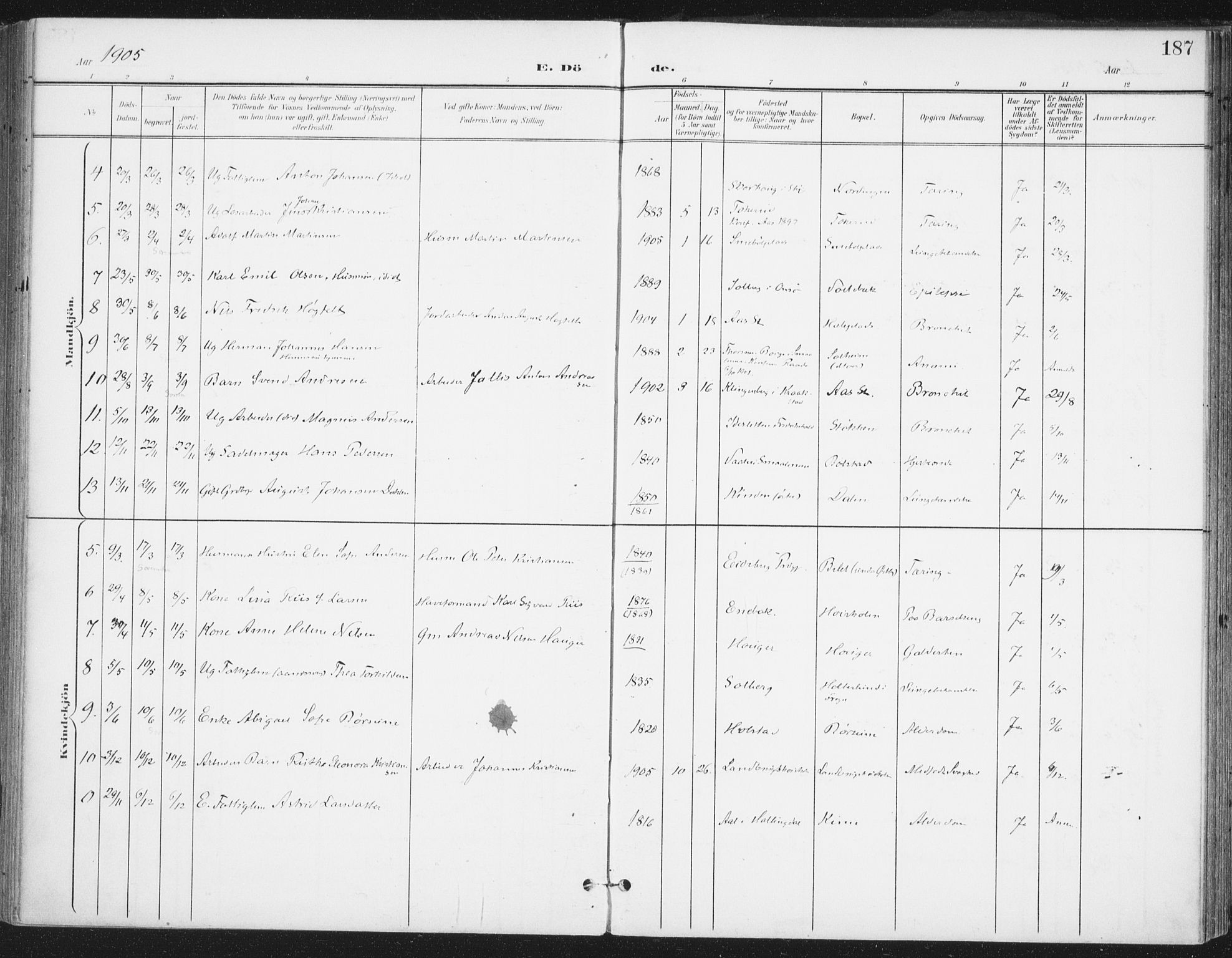 Ås prestekontor Kirkebøker, SAO/A-10894/F/Fa/L0010: Parish register (official) no. I 10, 1900-1918, p. 187