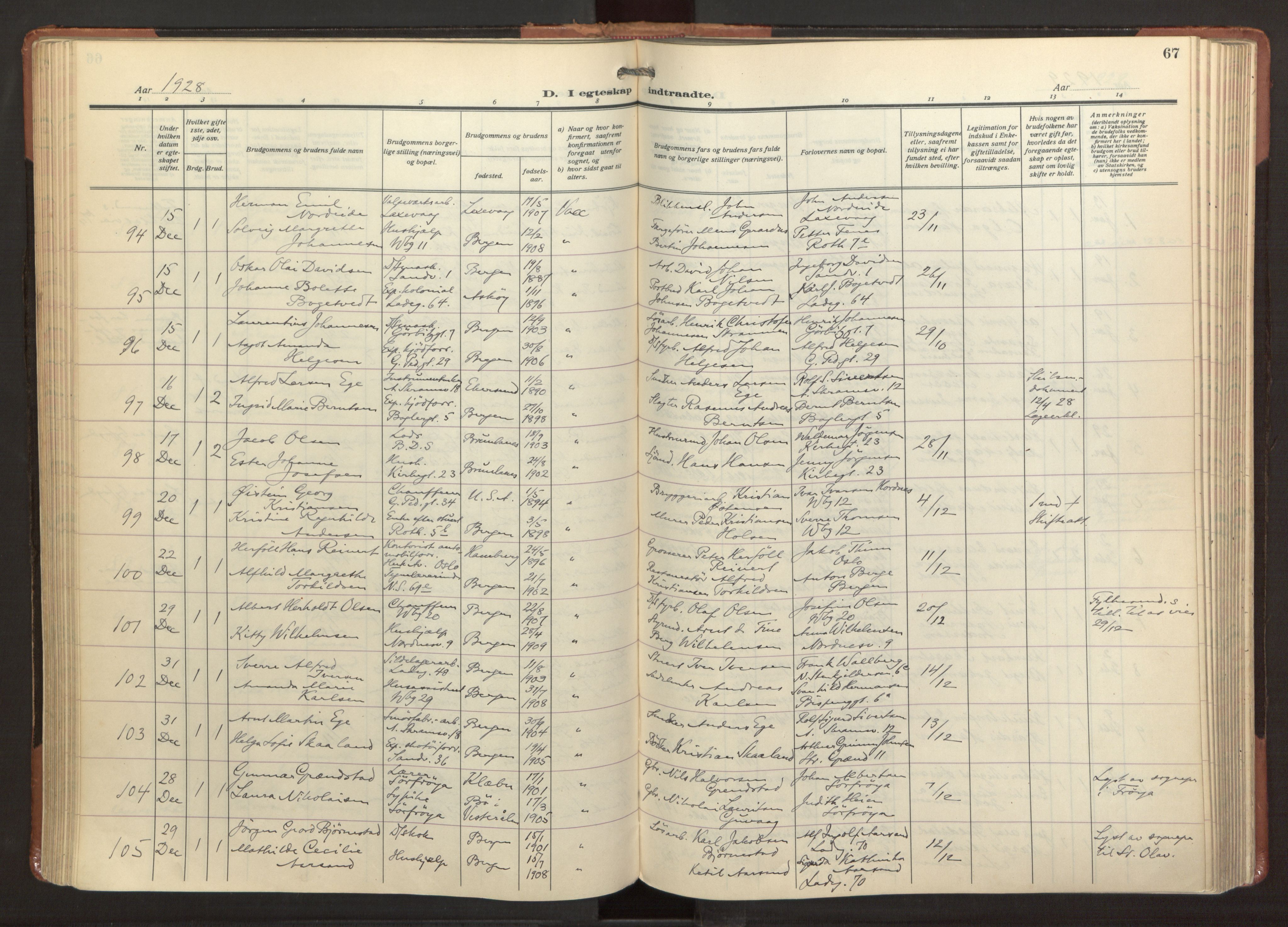 Sandviken Sokneprestembete, AV/SAB-A-77601/H/Ha/L0016: Parish register (official) no. D 3, 1923-1940, p. 67