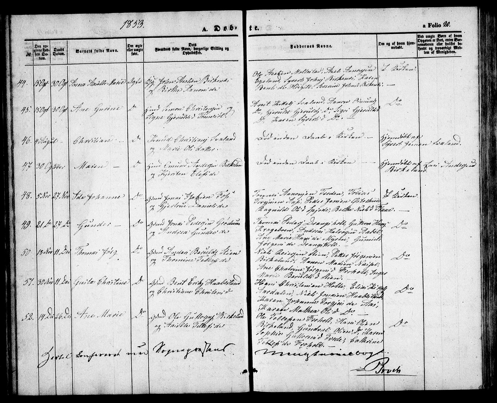 Birkenes sokneprestkontor, SAK/1111-0004/F/Fb/L0002: Parish register (copy) no. B 2, 1849-1876, p. 20