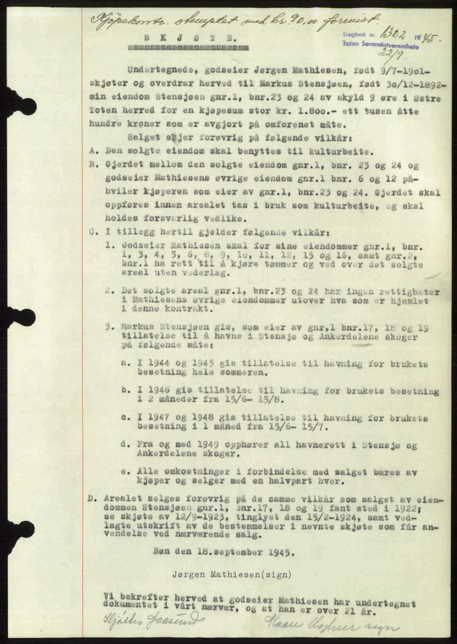 Toten tingrett, SAH/TING-006/H/Hb/Hbc/L0013: Mortgage book no. Hbc-13, 1945-1945, Diary no: : 1302/1945