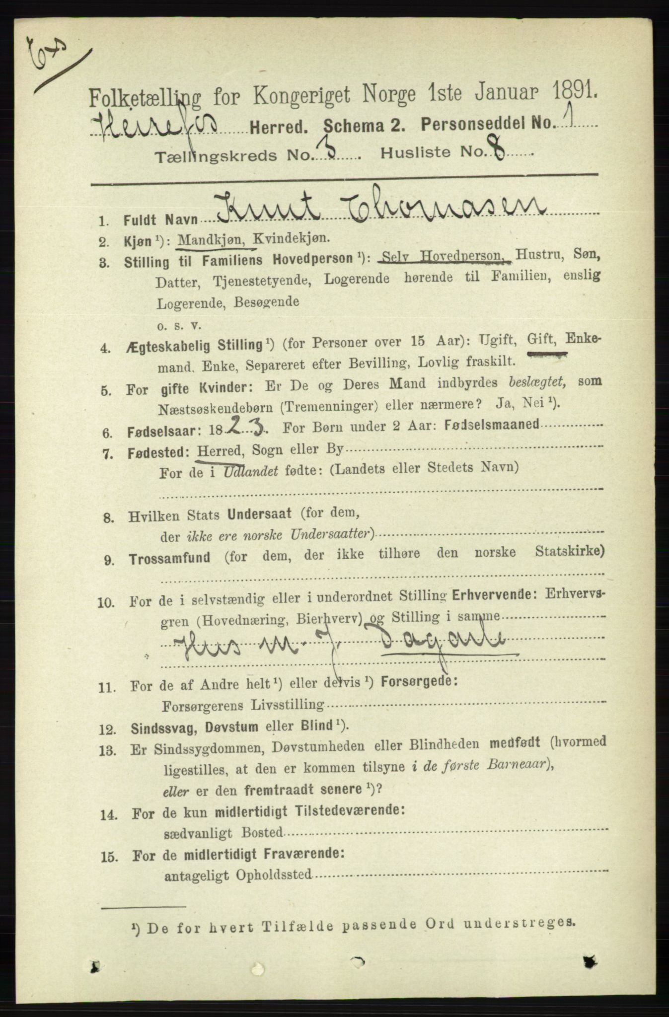 RA, Census 1891 for Nedenes amt: Gjenparter av personsedler for beslektede ektefeller, menn, 1891, p. 421