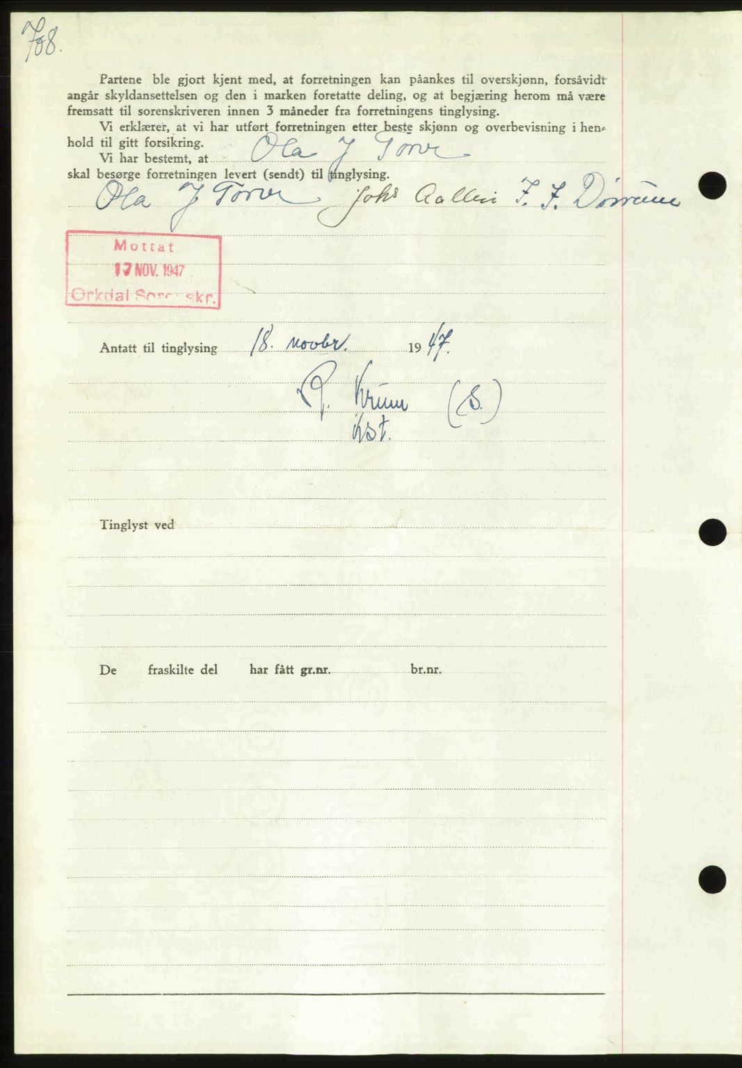 Orkdal sorenskriveri, SAT/A-4169/1/2/2C: Mortgage book no. A, 1947-1947, Diary no: : 1476/1947