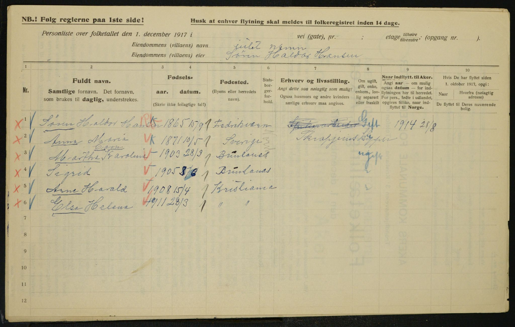 OBA, Municipal Census 1917 for Aker, 1917, p. 13982