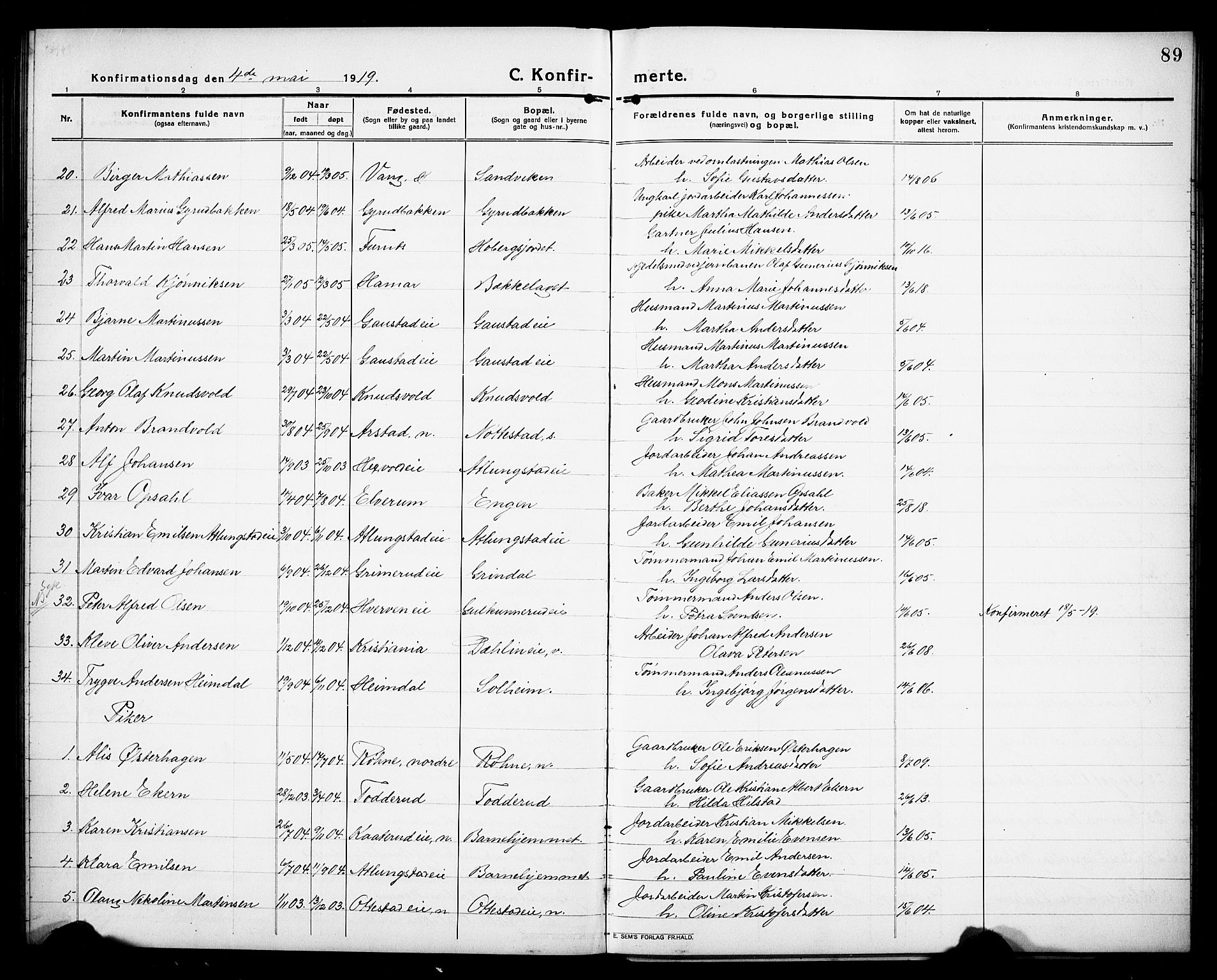 Stange prestekontor, AV/SAH-PREST-002/L/L0015: Parish register (copy) no. 15, 1916-1928, p. 89