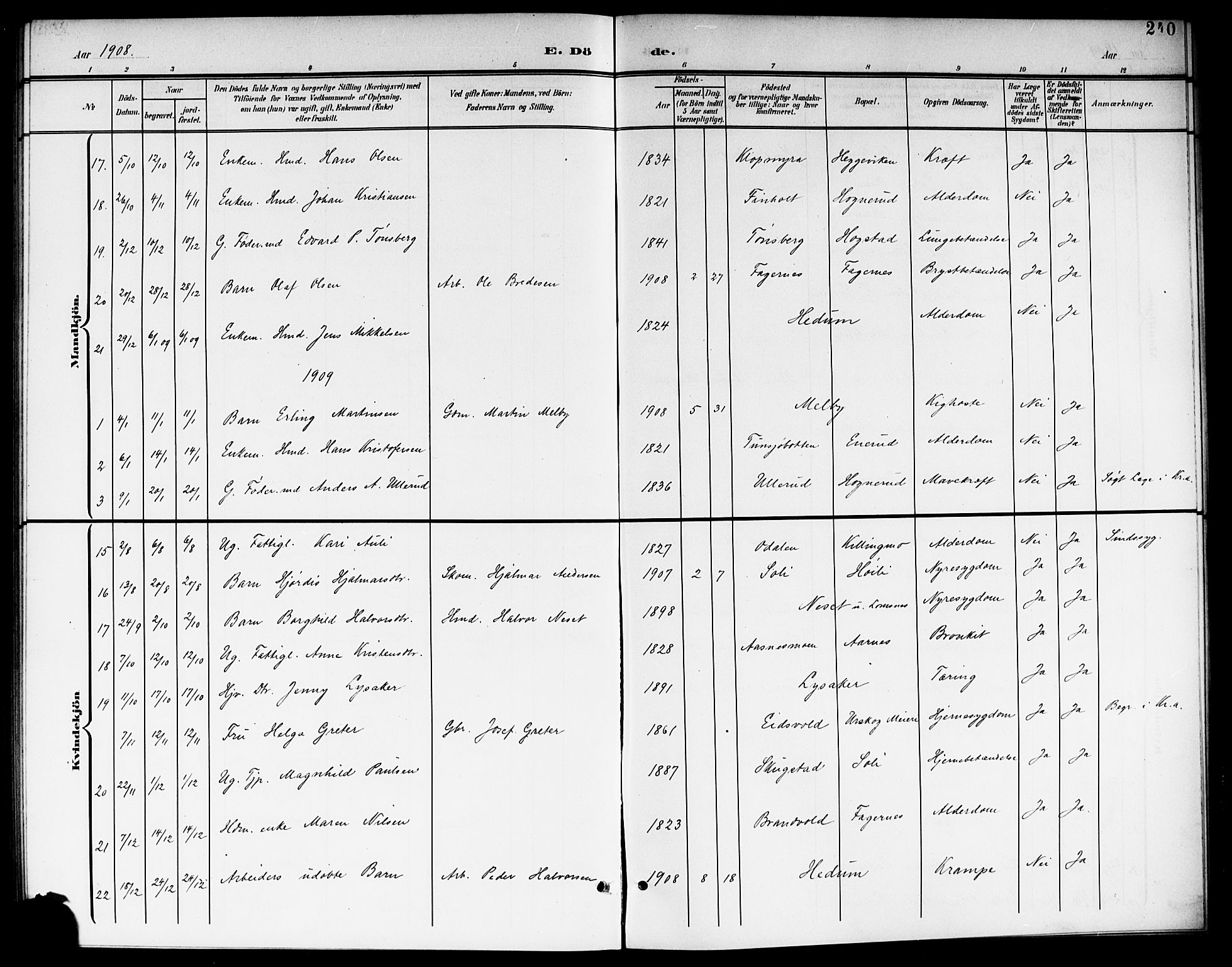 Aurskog prestekontor Kirkebøker, SAO/A-10304a/G/Ga/L0004: Parish register (copy) no. I 4, 1901-1921, p. 240