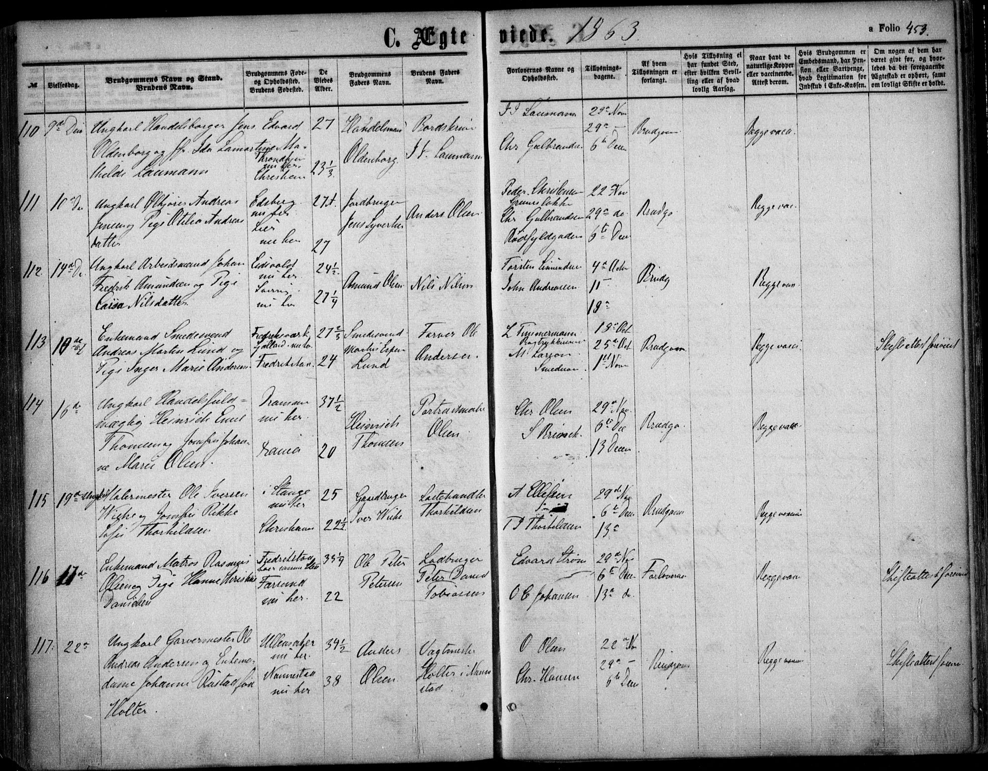 Oslo domkirke Kirkebøker, SAO/A-10752/F/Fa/L0020: Parish register (official) no. 20, 1848-1865, p. 453