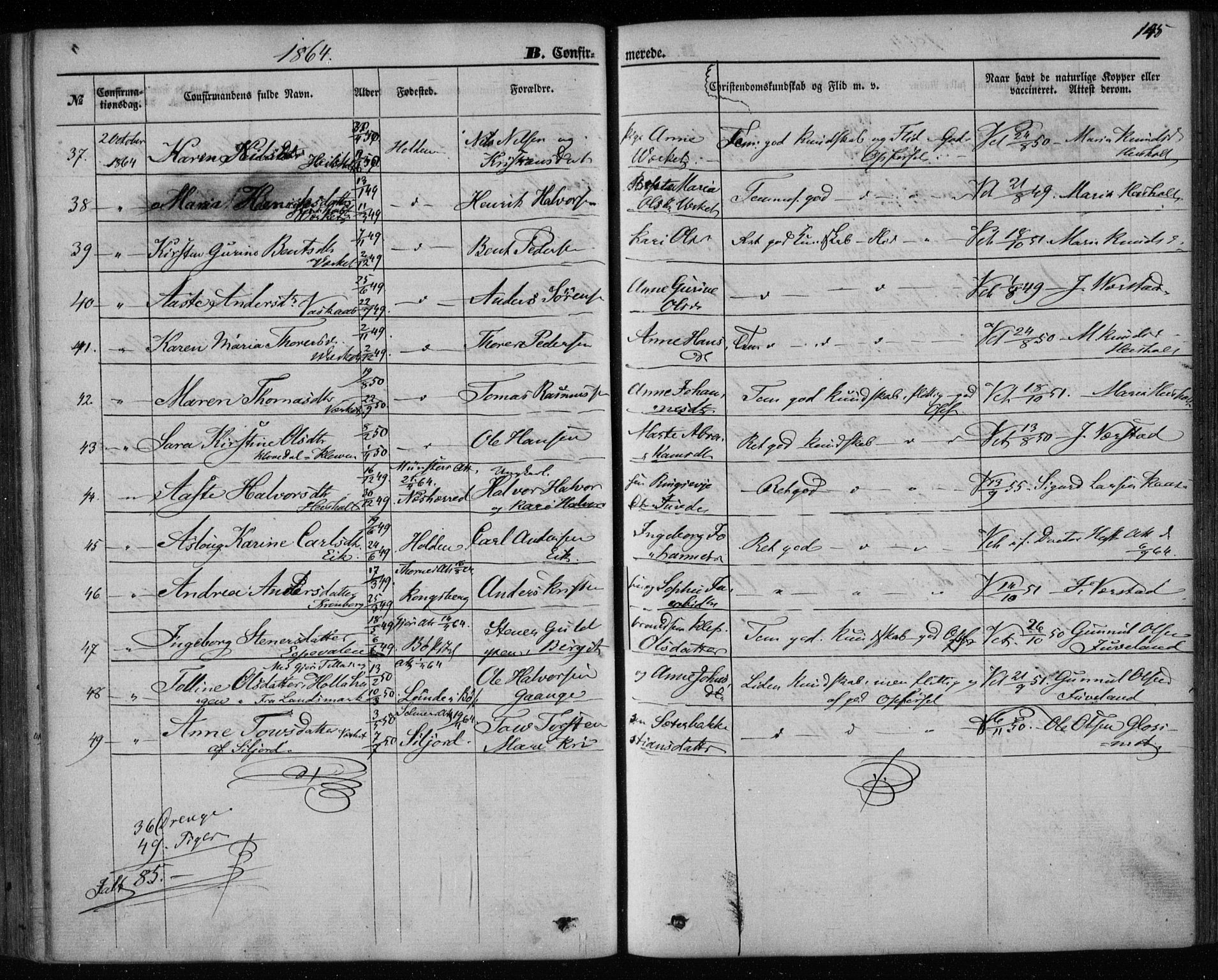 Holla kirkebøker, AV/SAKO-A-272/F/Fa/L0006: Parish register (official) no. 6, 1861-1869, p. 145