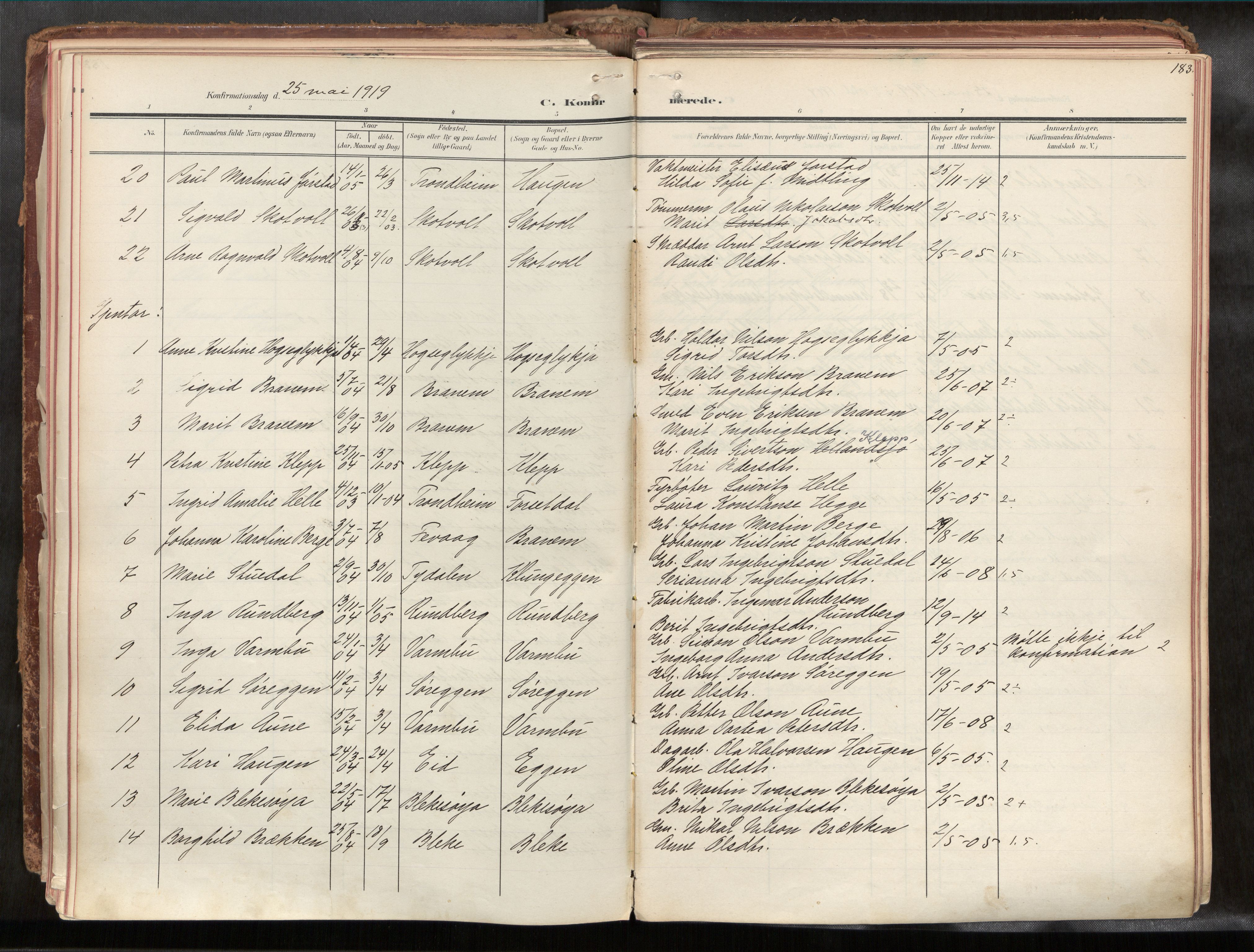 Ministerialprotokoller, klokkerbøker og fødselsregistre - Sør-Trøndelag, SAT/A-1456/691/L1085b: Parish register (official) no. 691A18, 1908-1930, p. 183