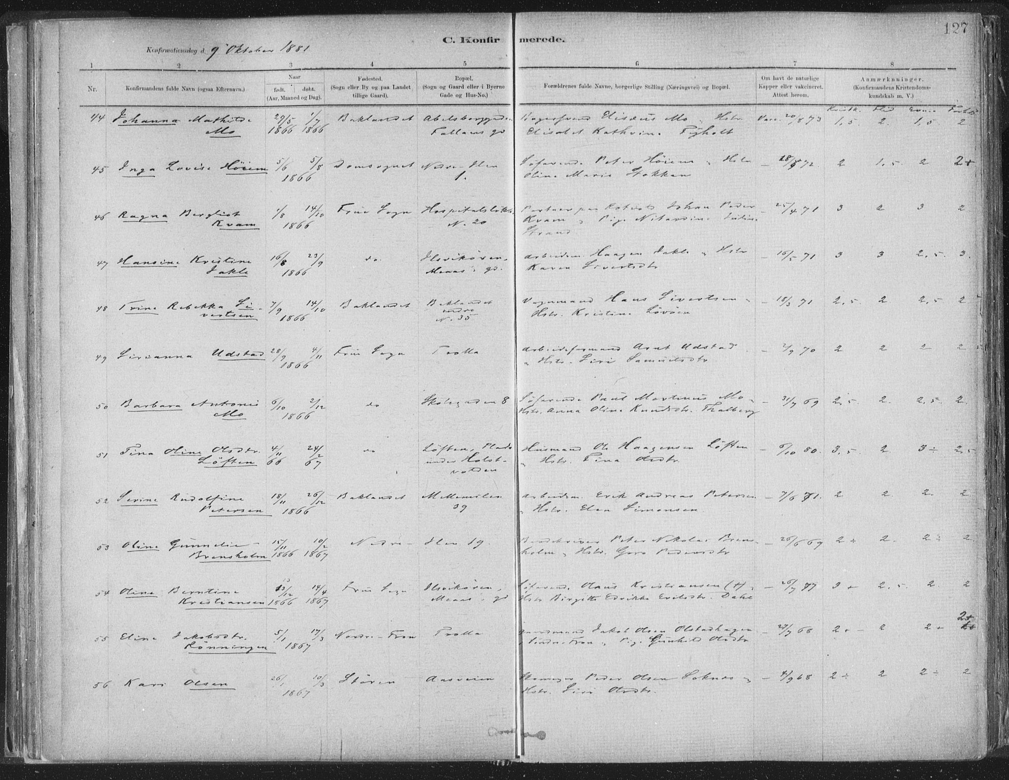 Ministerialprotokoller, klokkerbøker og fødselsregistre - Sør-Trøndelag, SAT/A-1456/603/L0162: Parish register (official) no. 603A01, 1879-1895, p. 127