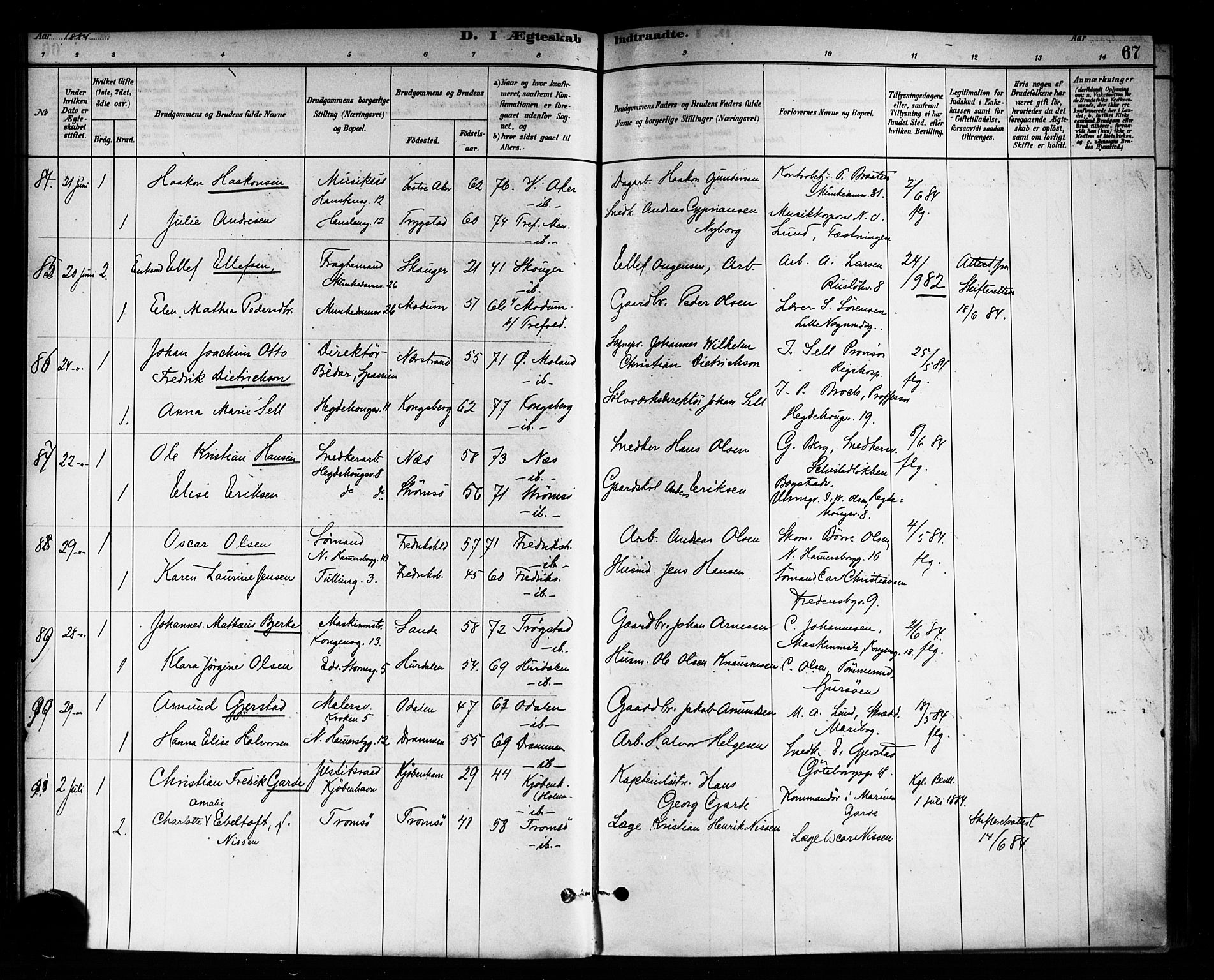 Trefoldighet prestekontor Kirkebøker, AV/SAO-A-10882/F/Fc/L0003: Parish register (official) no. III 3, 1881-1891, p. 67