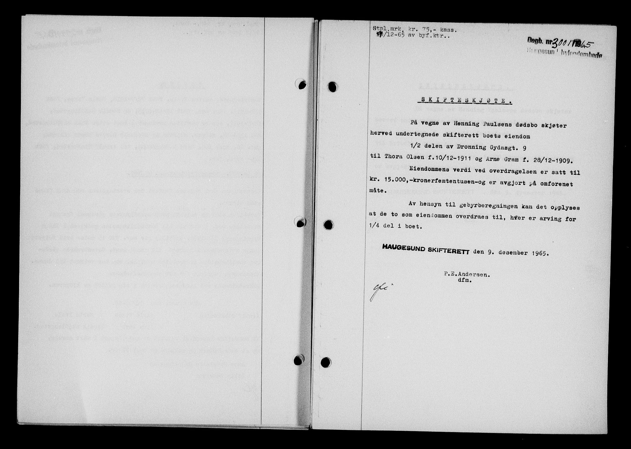 Haugesund tingrett, AV/SAST-A-101415/01/II/IIC/L0076: Mortgage book no. A 17, 1965-1966, Diary no: : 3001/1965