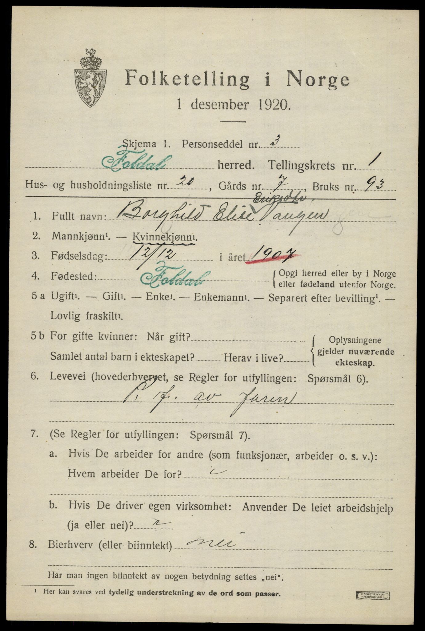 SAH, 1920 census for Folldal, 1920, p. 1029