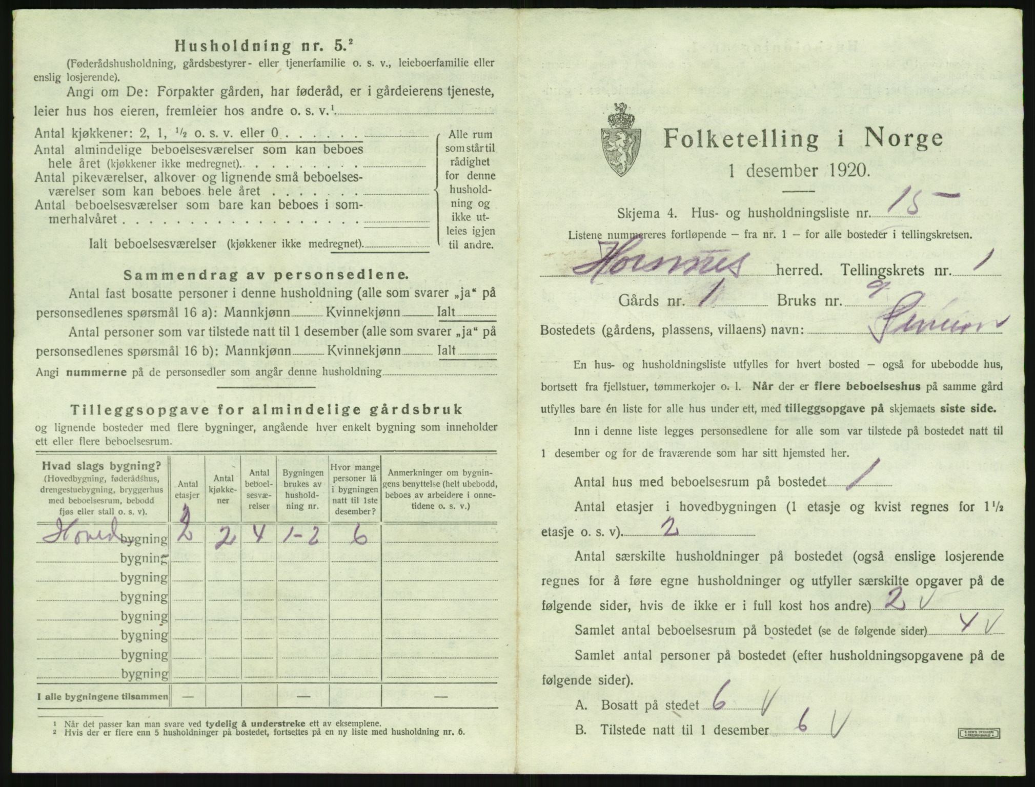 SAK, 1920 census for Hornnes, 1920, p. 85