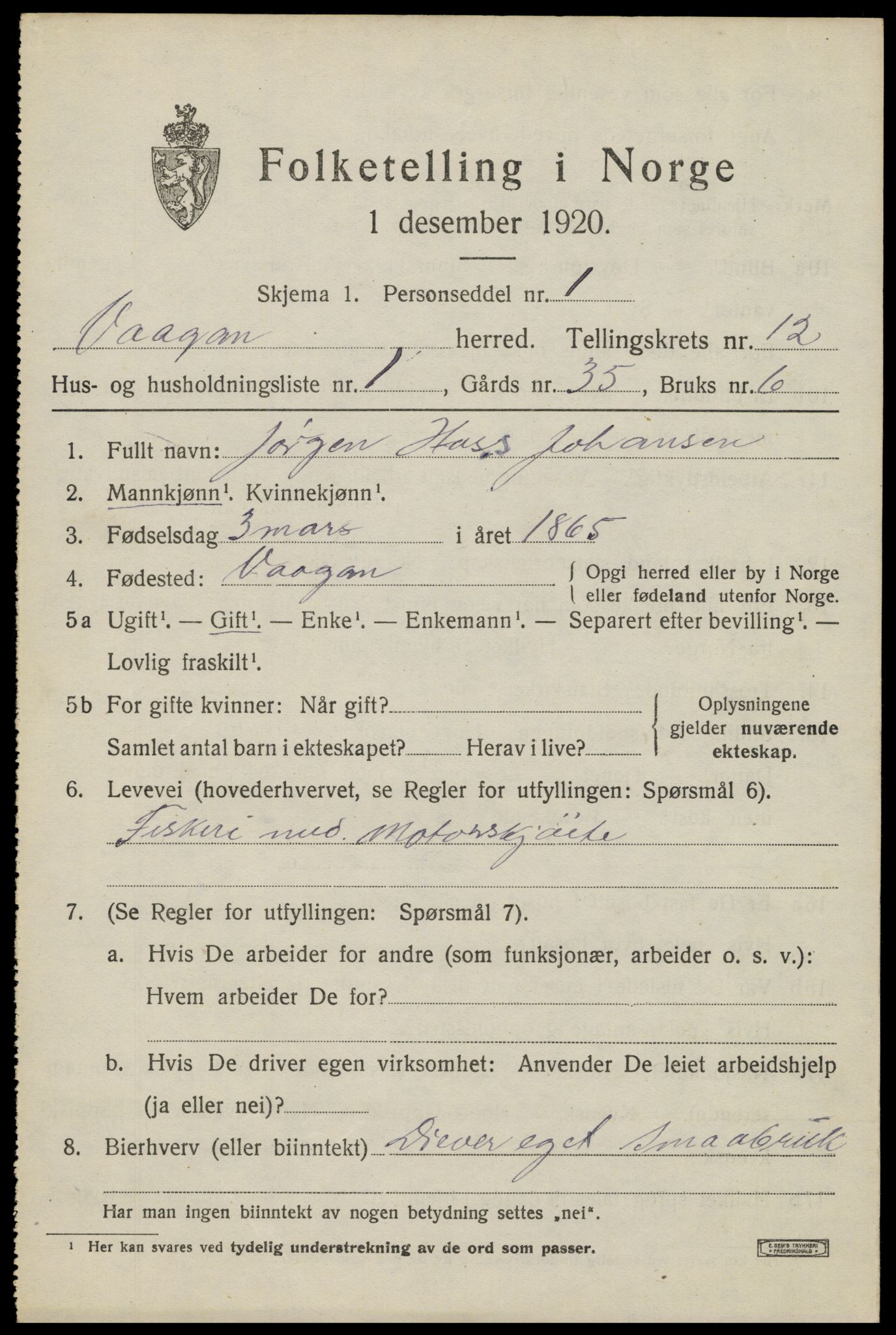 SAT, 1920 census for Vågan, 1920, p. 9943