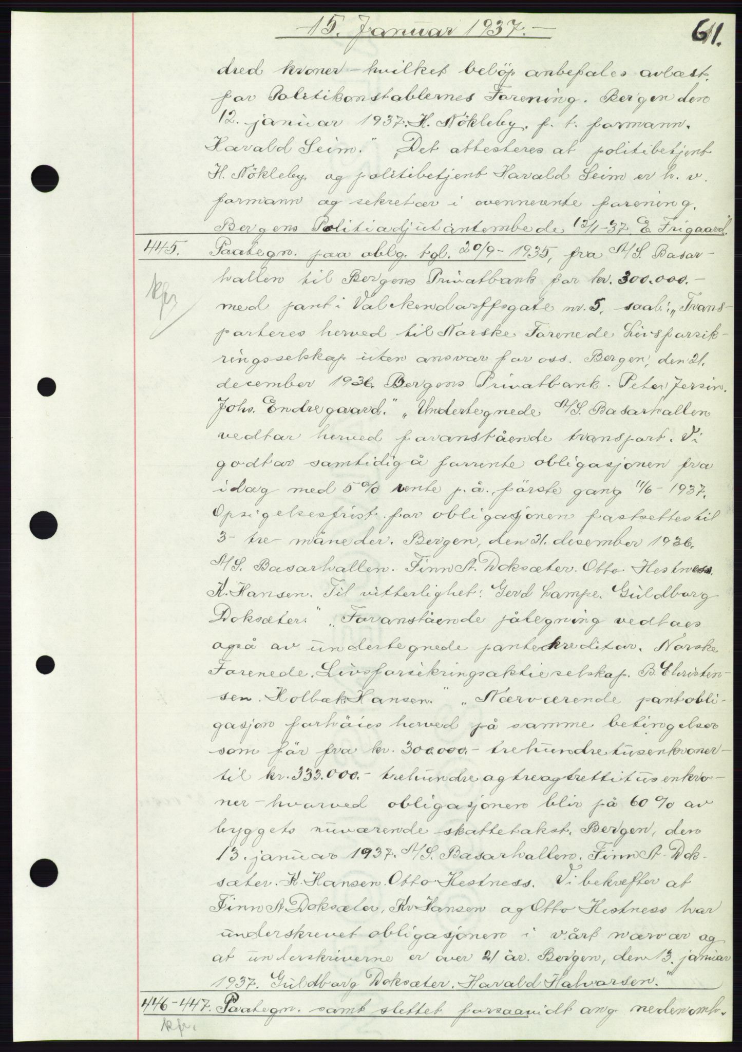Byfogd og Byskriver i Bergen, AV/SAB-A-3401/03: Mortgage book no. C 3, 1936-1937, Diary no: : 445/1937