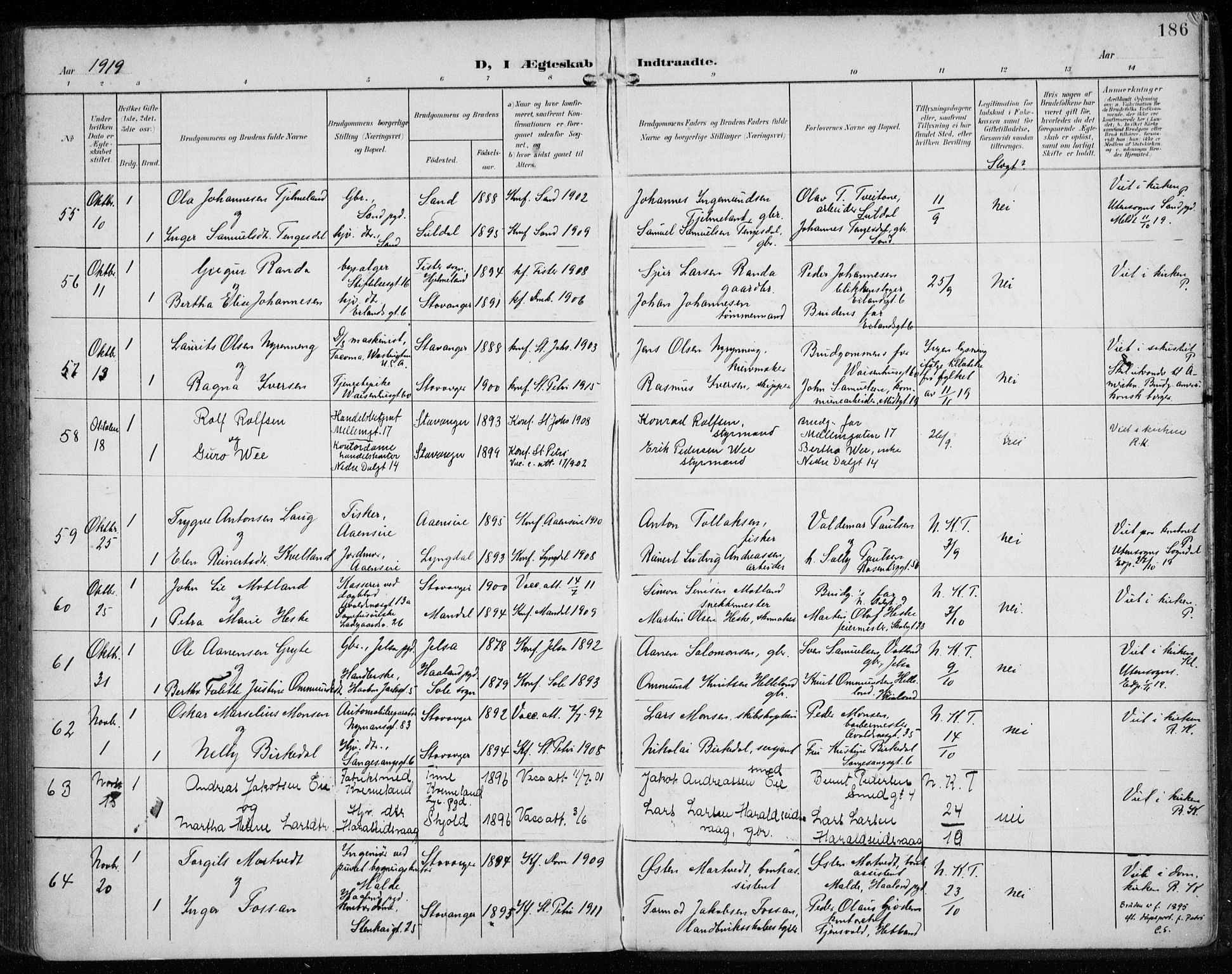 St. Petri sokneprestkontor, AV/SAST-A-101813/002/A/L0003: Parish register (official) no. A 24, 1900-1921, p. 186