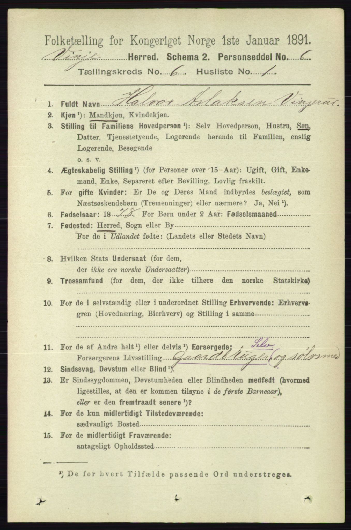 RA, 1891 census for 0834 Vinje, 1891, p. 1416