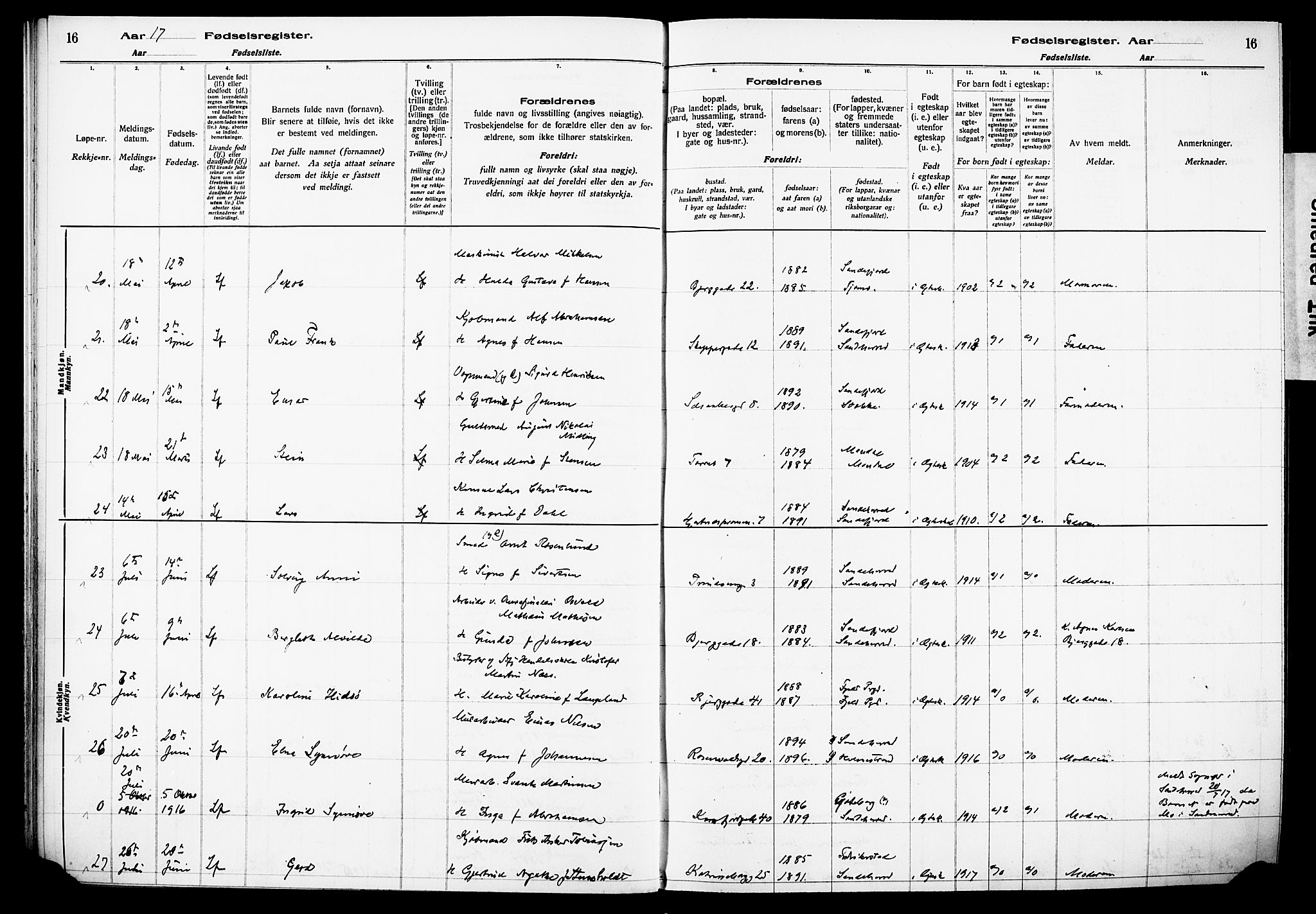 Sandefjord kirkebøker, AV/SAKO-A-315/J/Ja/L0001: Birth register no. 1, 1916-1932, p. 16