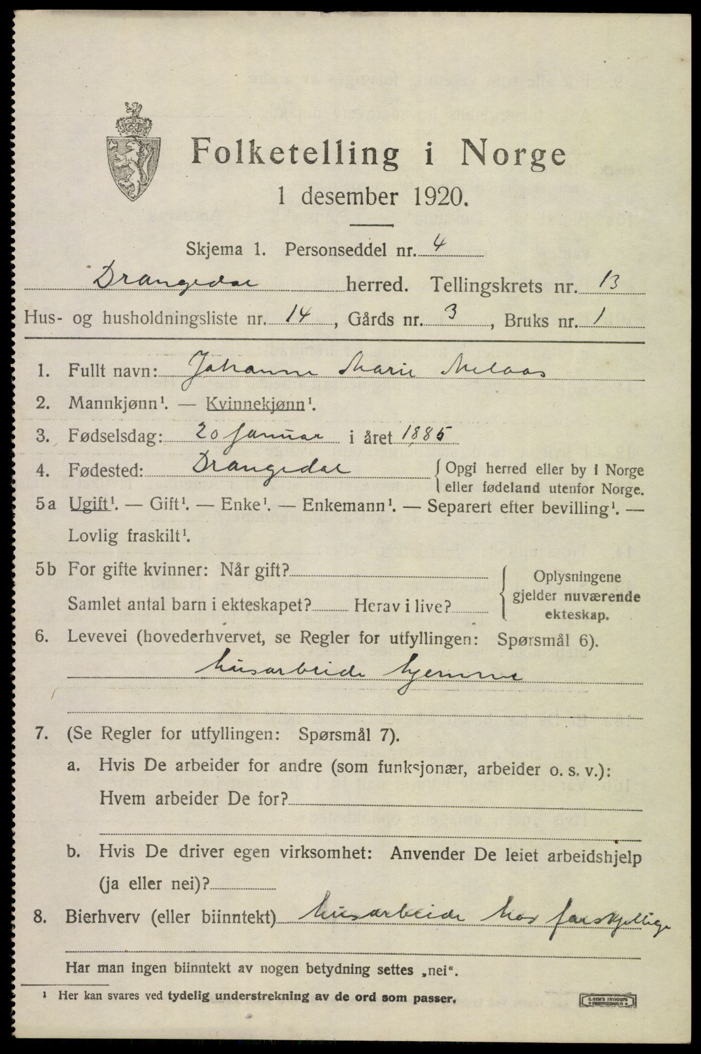 SAKO, 1920 census for Drangedal, 1920, p. 7485