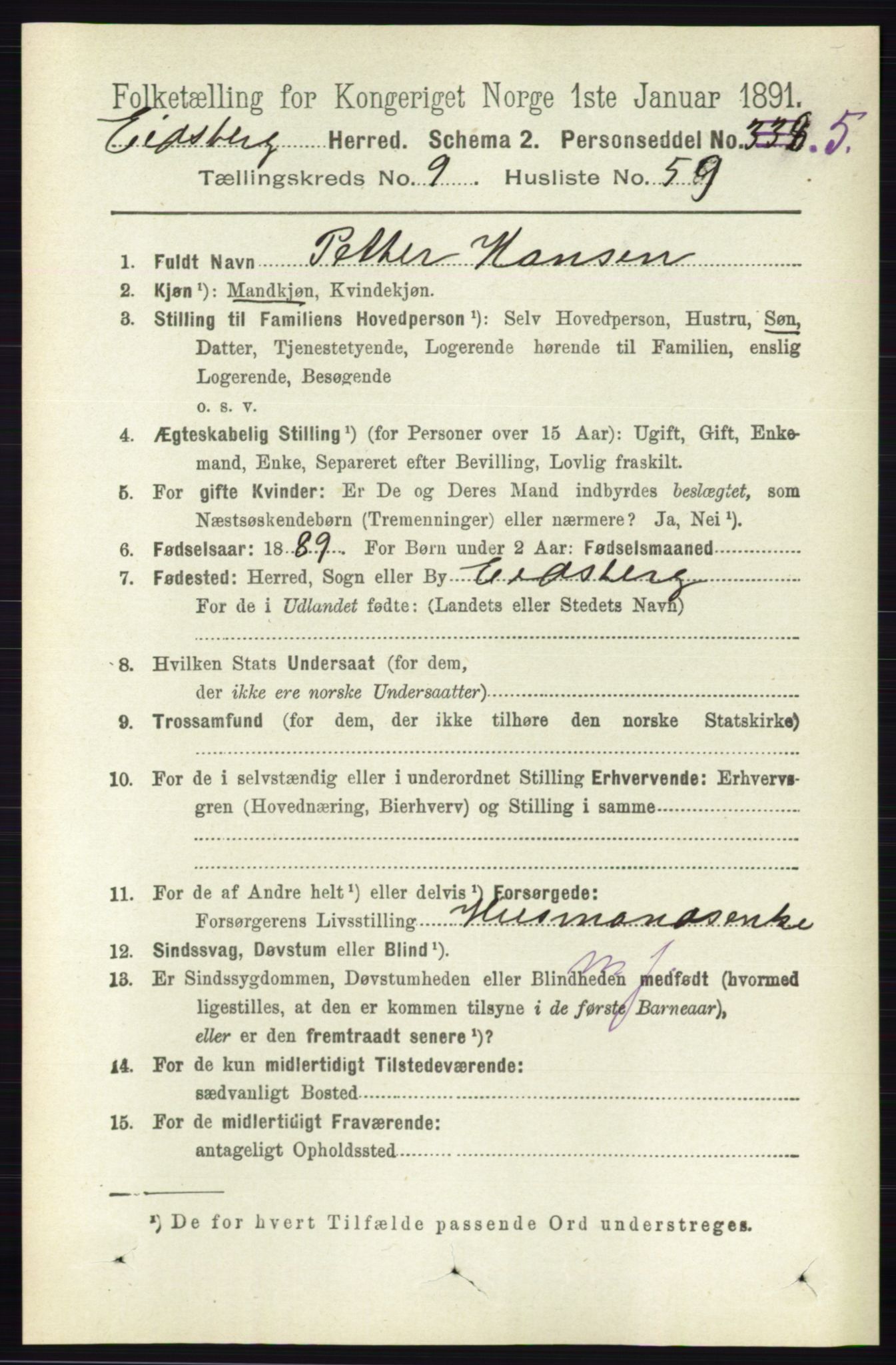 RA, 1891 census for 0125 Eidsberg, 1891, p. 5503