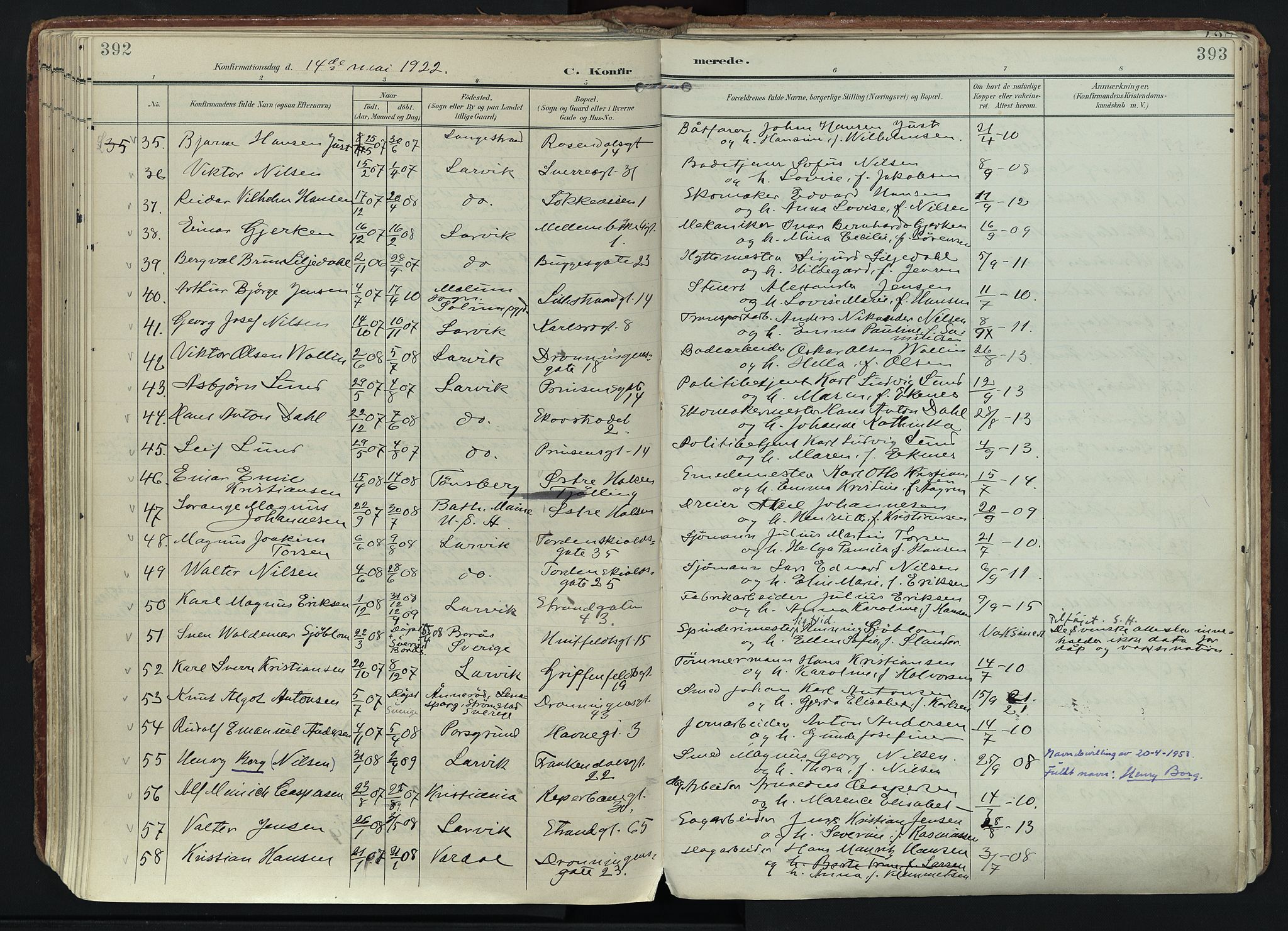 Larvik kirkebøker, SAKO/A-352/F/Fa/L0011: Parish register (official) no. I 11, 1902-1922, p. 392-393