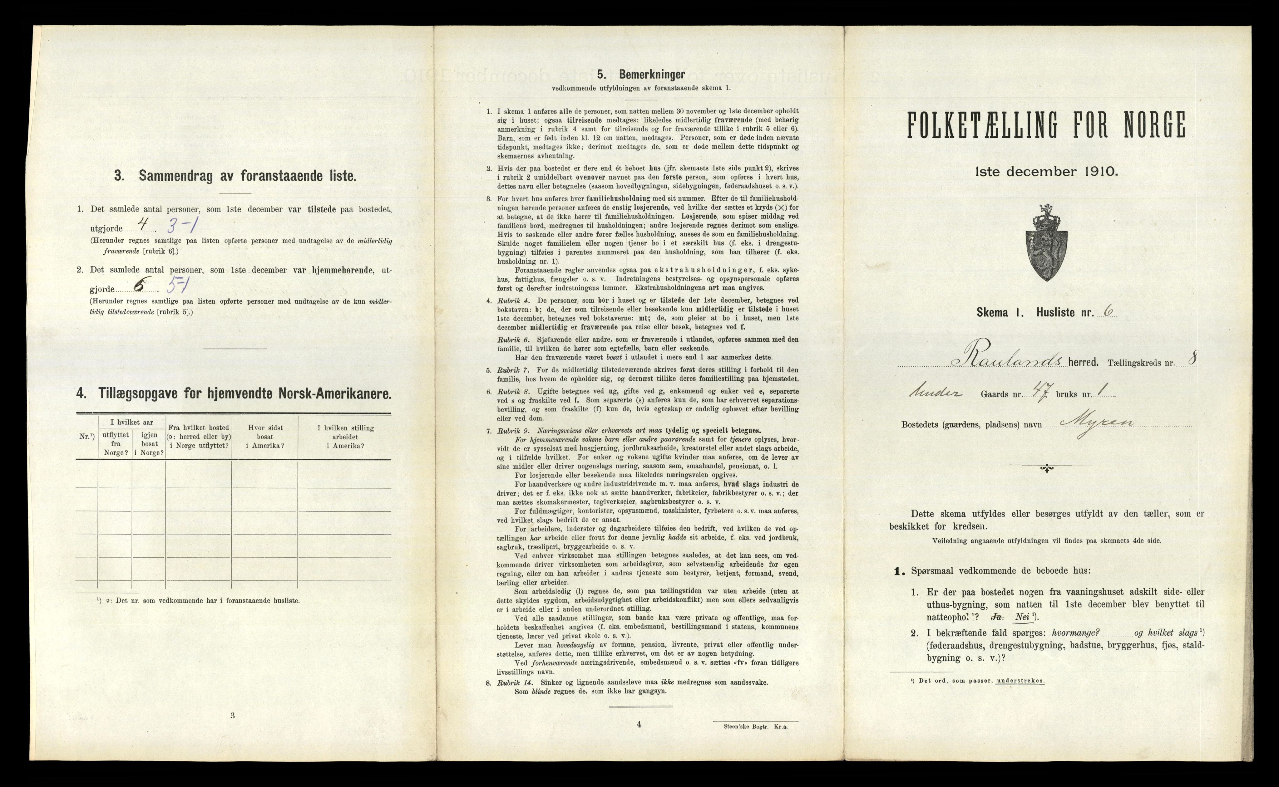 RA, 1910 census for Rauland, 1910, p. 279