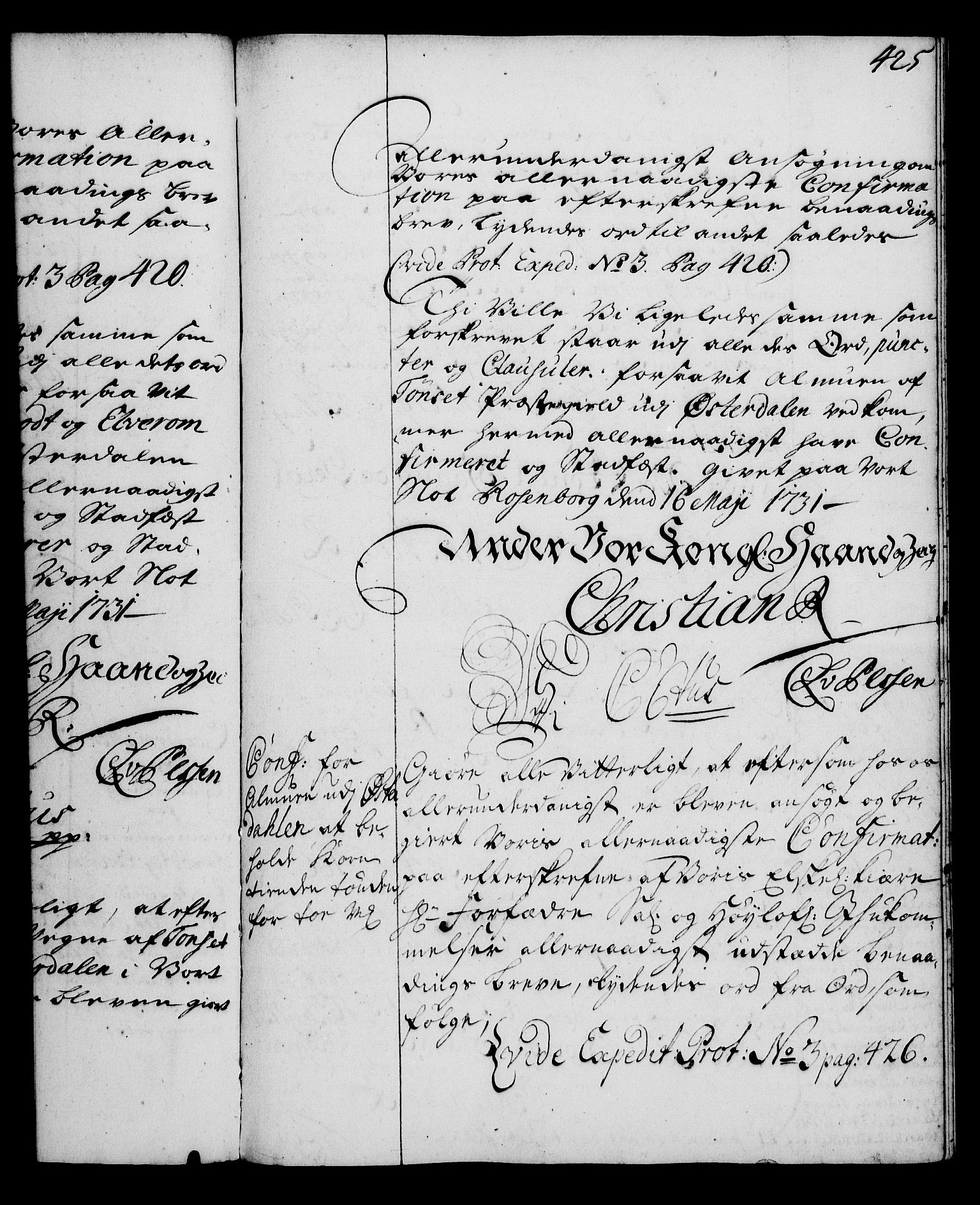 Rentekammeret, Kammerkanselliet, RA/EA-3111/G/Gg/Gga/L0003: Norsk ekspedisjonsprotokoll med register (merket RK 53.3), 1727-1734, p. 425
