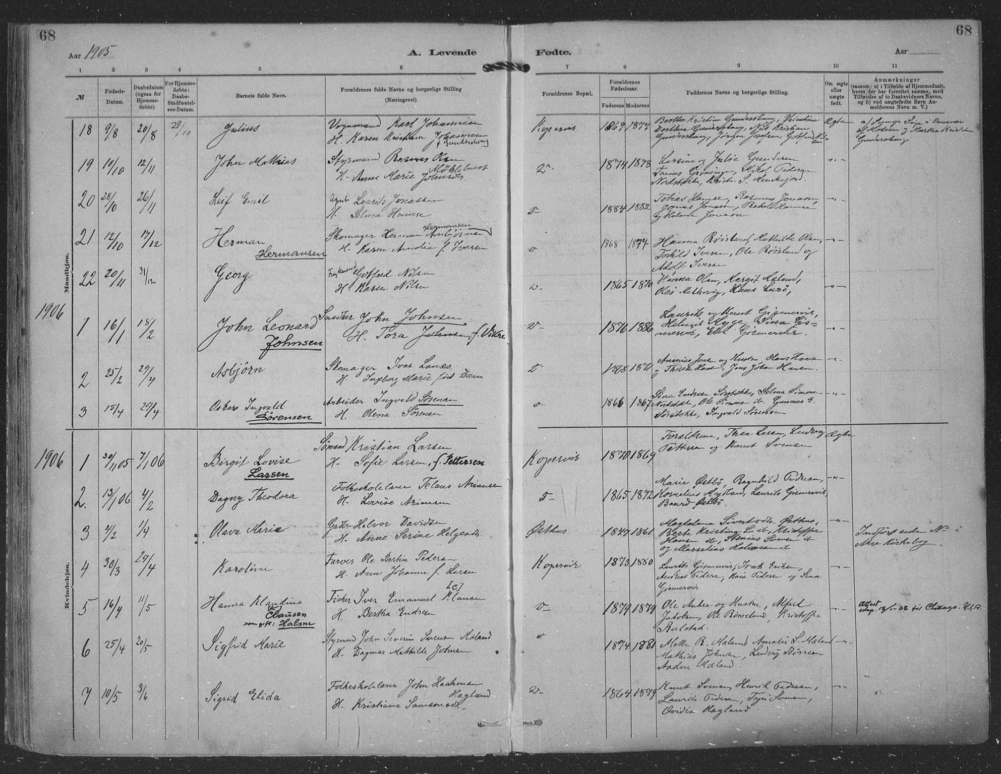 Kopervik sokneprestkontor, SAST/A-101850/H/Ha/Haa/L0001: Parish register (official) no. A 1, 1880-1919, p. 68