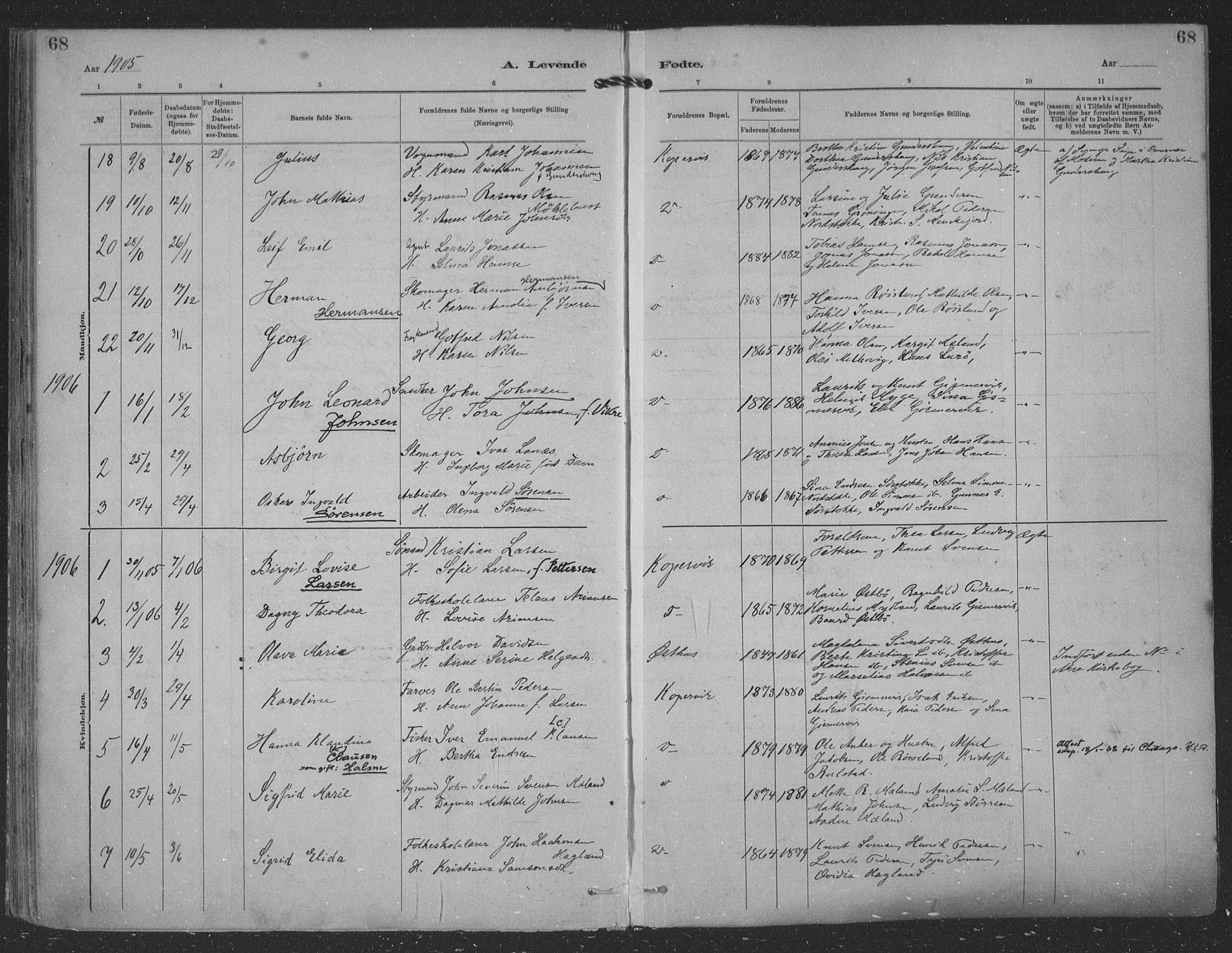 Kopervik sokneprestkontor, AV/SAST-A-101850/H/Ha/Haa/L0001: Parish register (official) no. A 1, 1880-1919, p. 68