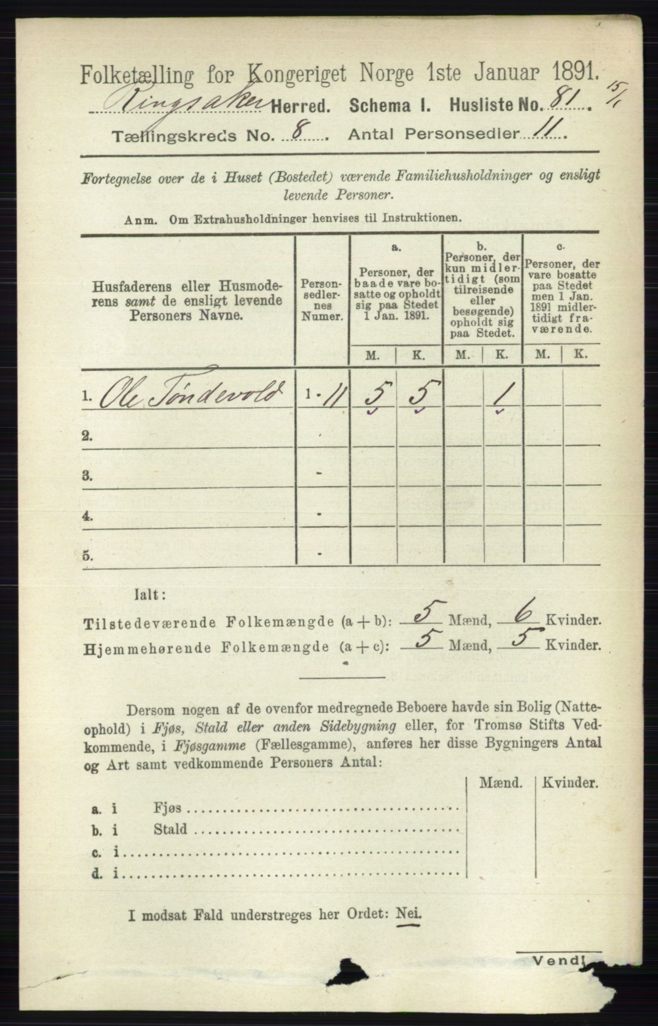 RA, 1891 census for 0412 Ringsaker, 1891, p. 4456