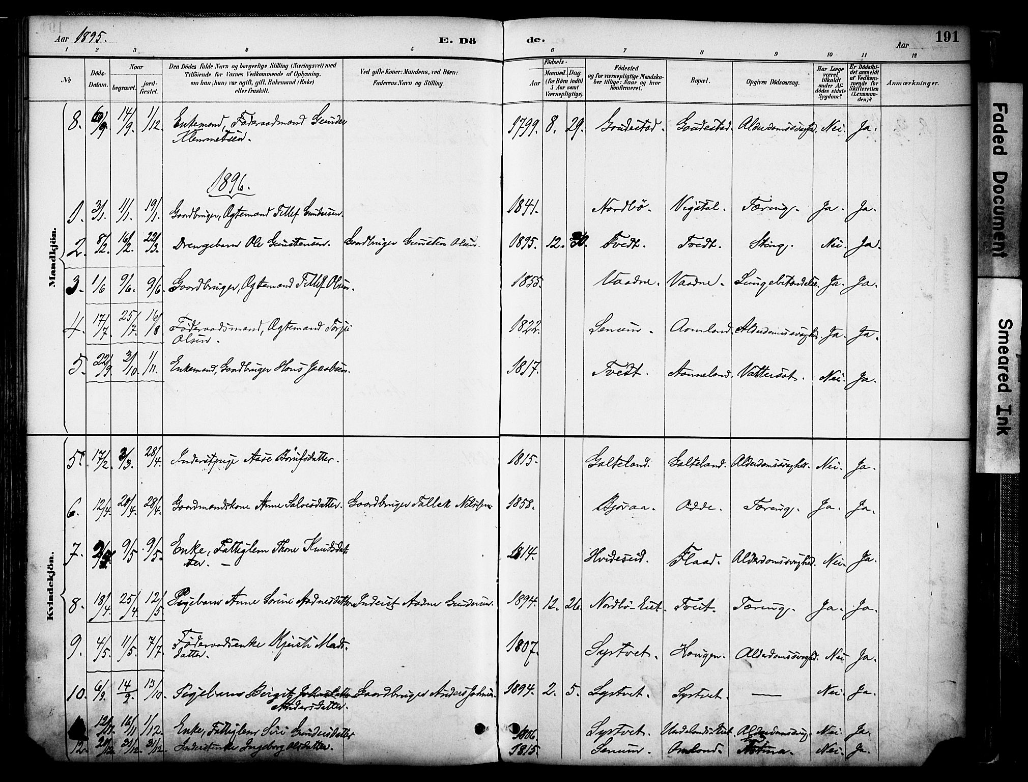 Evje sokneprestkontor, AV/SAK-1111-0008/F/Fa/Faa/L0007: Parish register (official) no. A 7, 1884-1909, p. 191