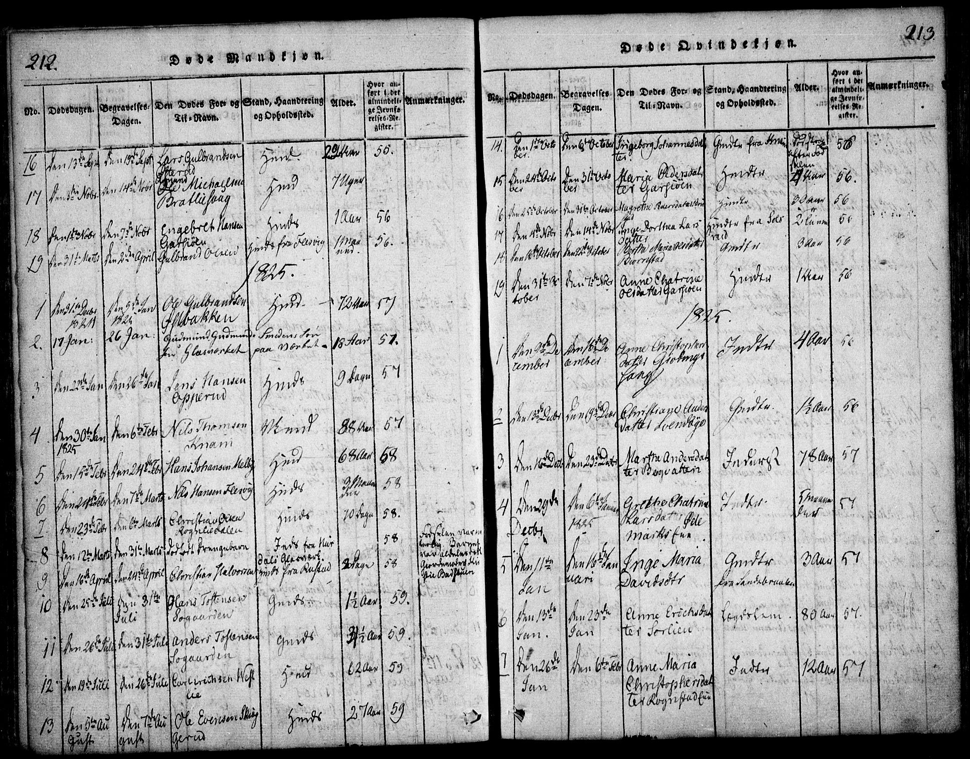 Hurdal prestekontor Kirkebøker, SAO/A-10889/F/Fa/L0003: Parish register (official) no. I 3, 1815-1828, p. 212-213