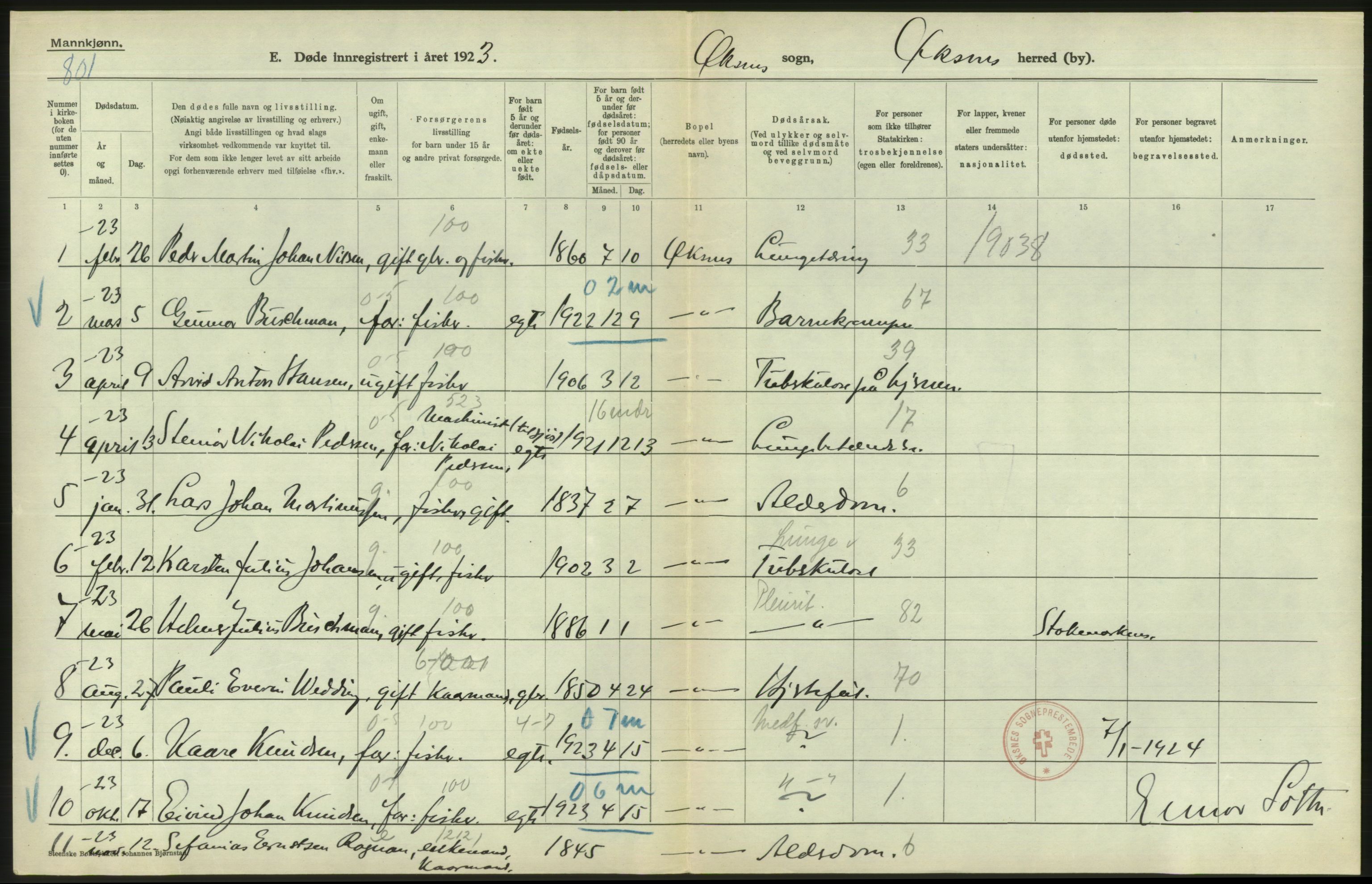 Statistisk sentralbyrå, Sosiodemografiske emner, Befolkning, AV/RA-S-2228/D/Df/Dfc/Dfcc/L0043: Nordland fylke: Døde. Bygder og byer., 1923, p. 468
