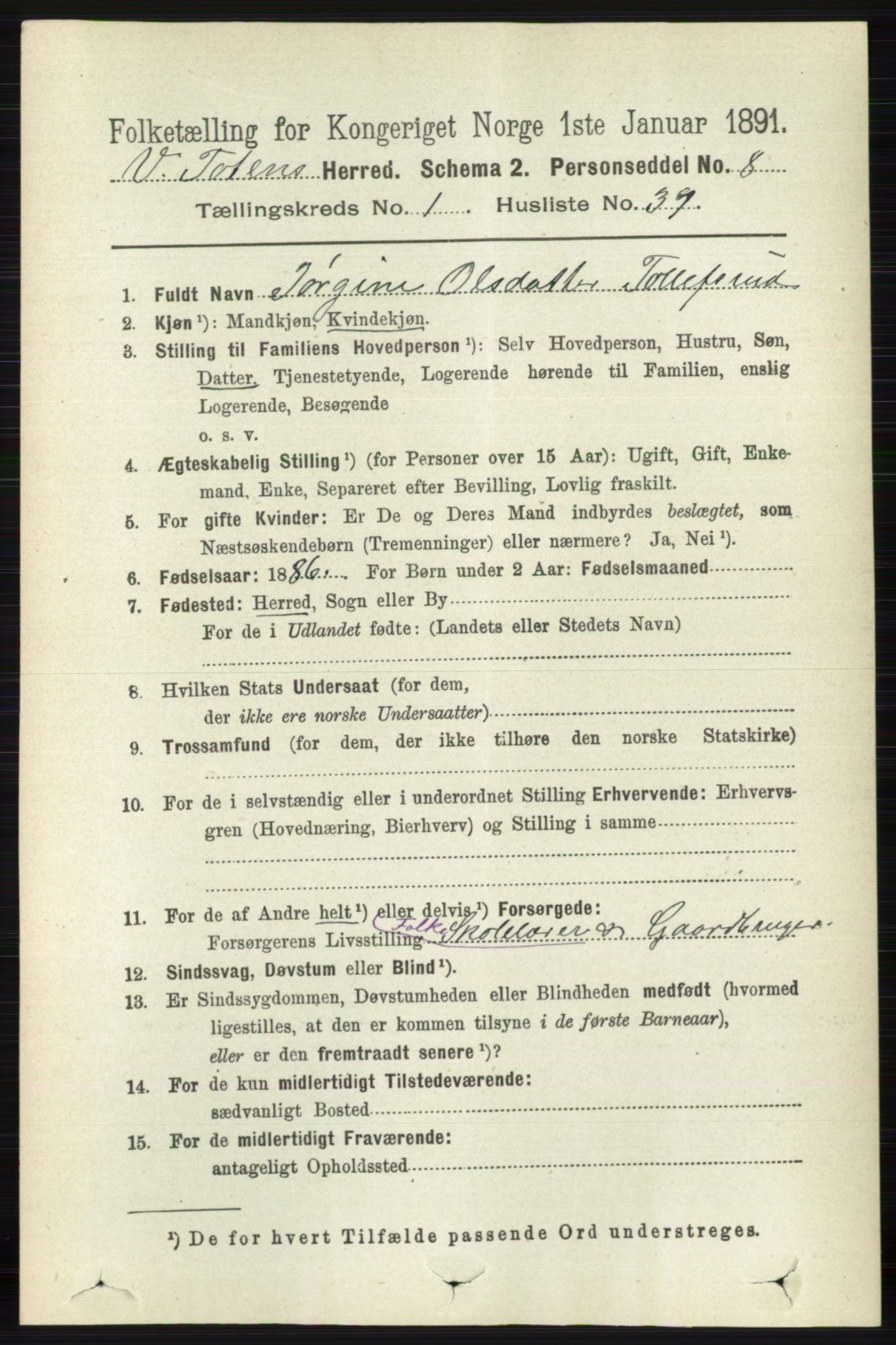 RA, 1891 census for 0529 Vestre Toten, 1891, p. 441