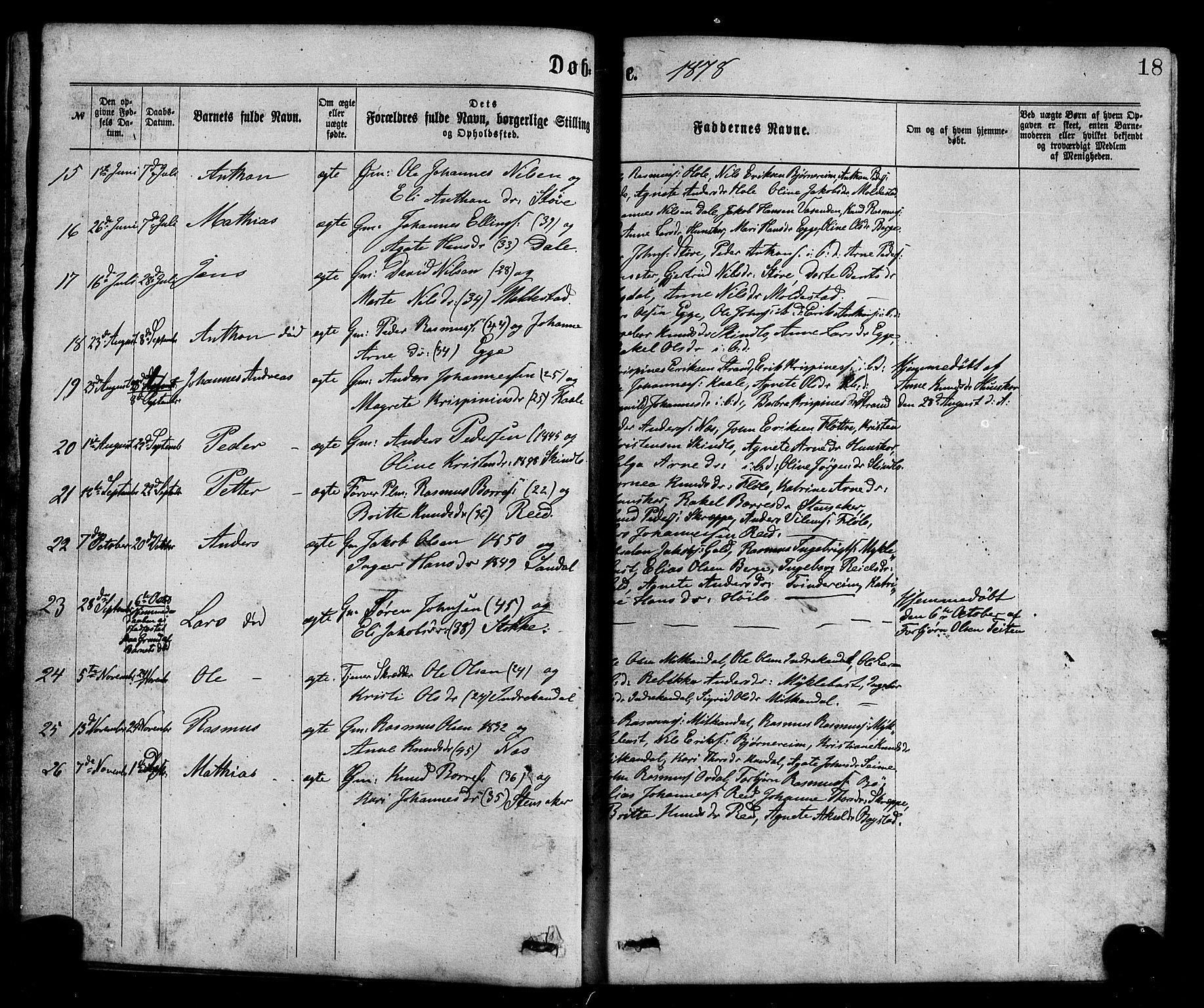 Gloppen sokneprestembete, AV/SAB-A-80101/H/Hab/Habc/L0001: Parish register (copy) no. C 1, 1872-1896, p. 18