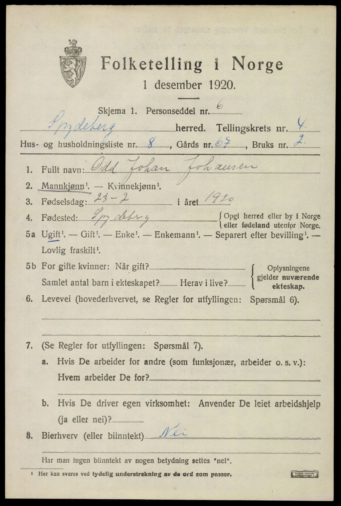 SAO, 1920 census for Spydeberg, 1920, p. 5637