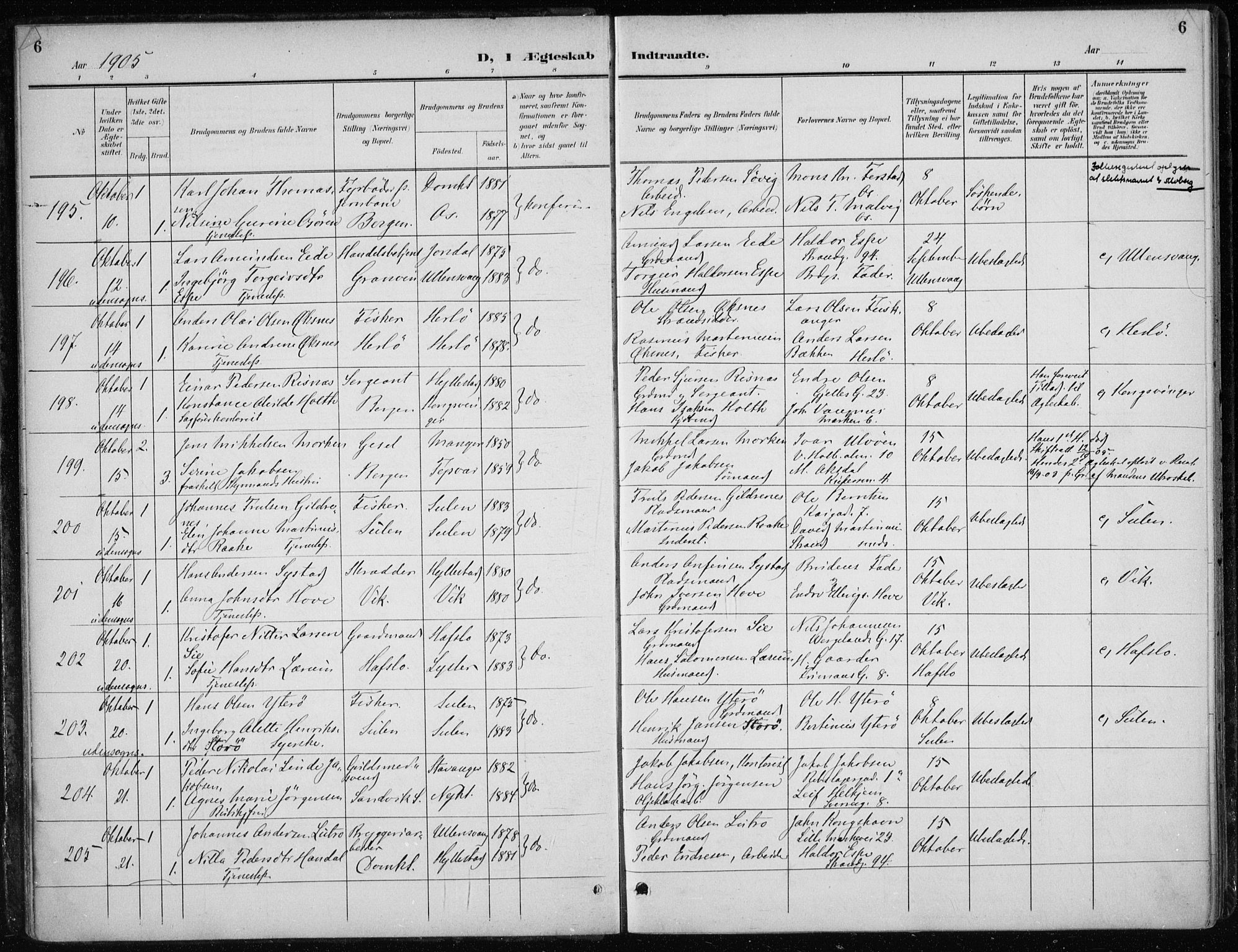 Nykirken Sokneprestembete, AV/SAB-A-77101/H/Haa/L0035: Parish register (official) no. D 5, 1905-1913, p. 6