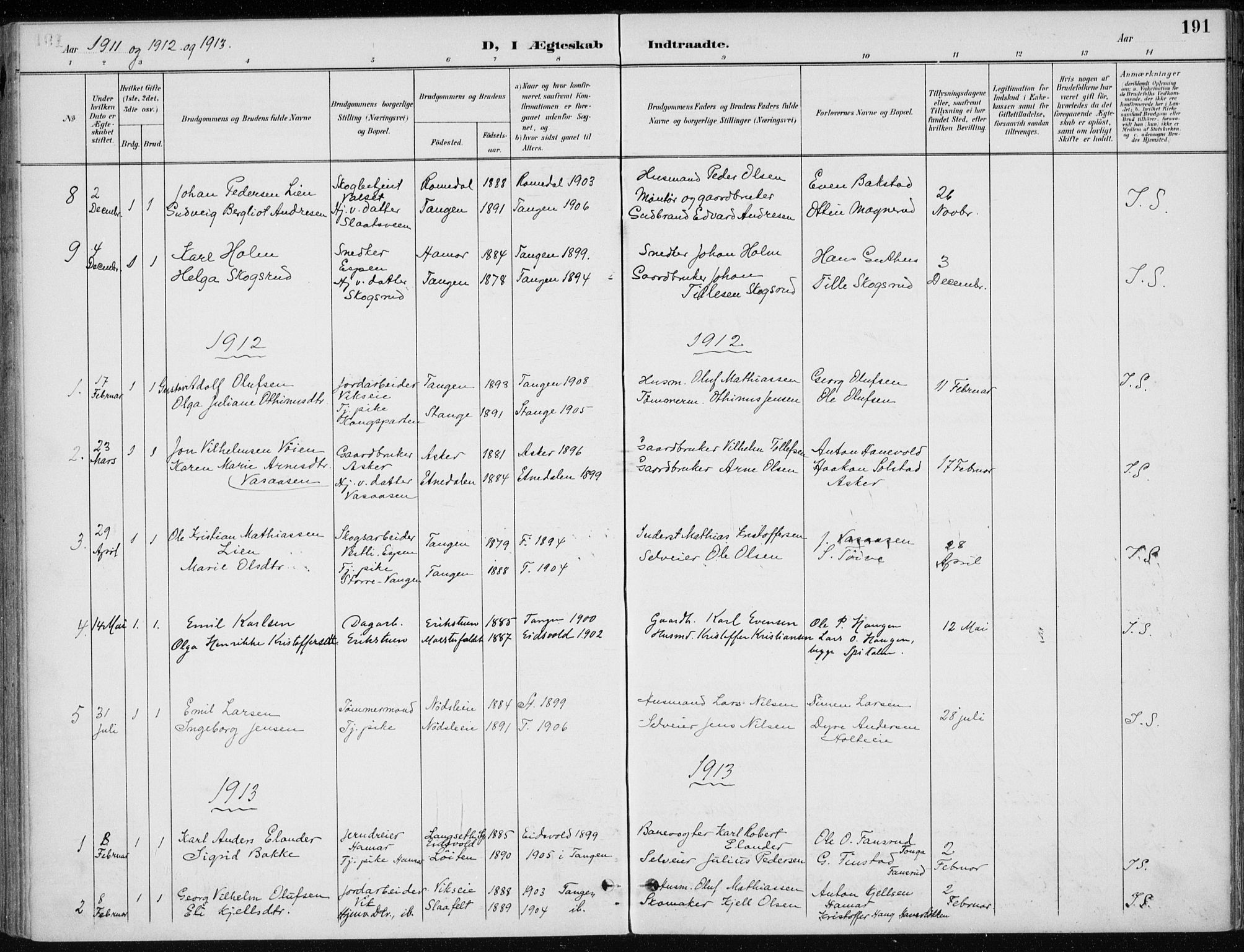 Stange prestekontor, AV/SAH-PREST-002/K/L0023: Parish register (official) no. 23, 1897-1920, p. 191