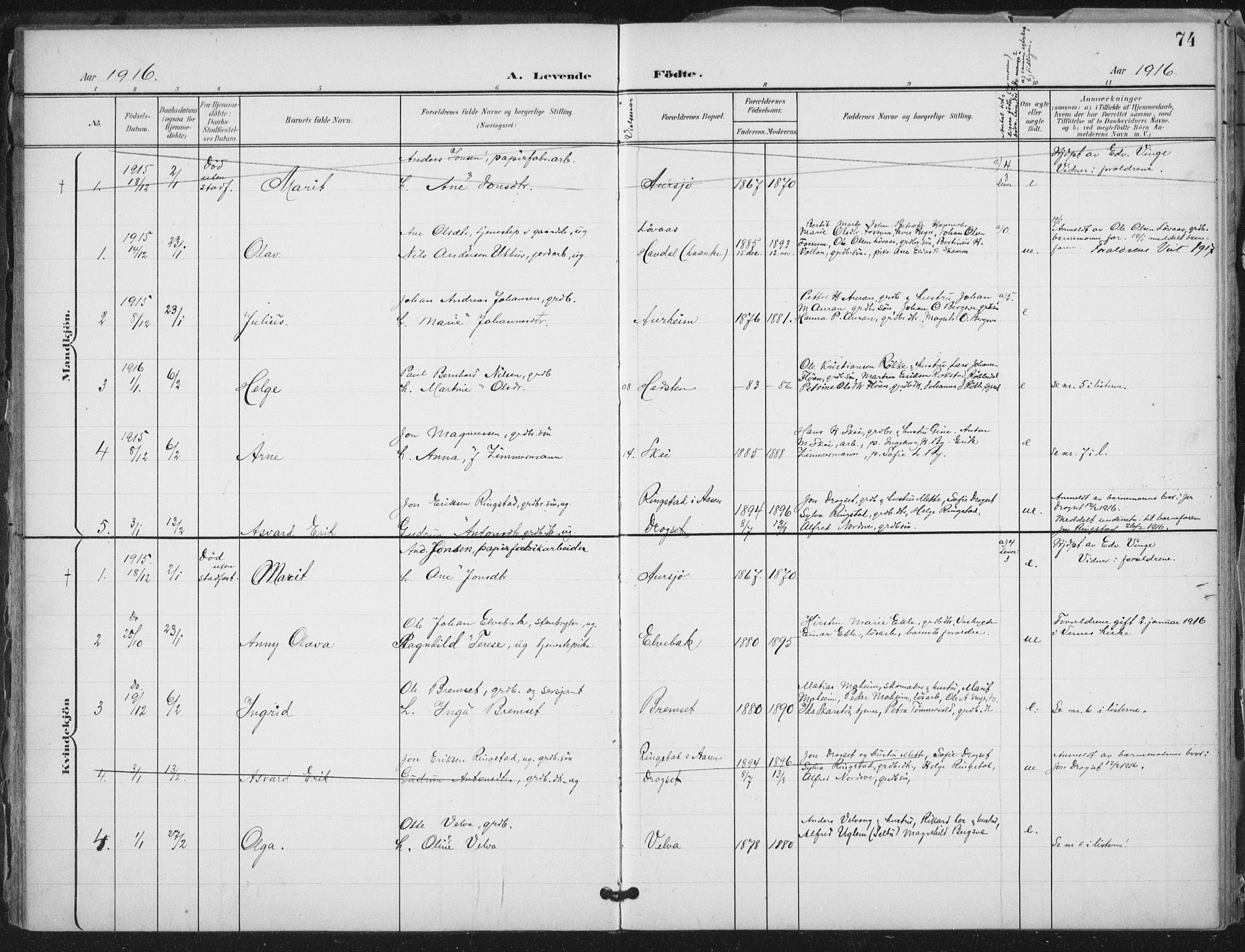 Ministerialprotokoller, klokkerbøker og fødselsregistre - Nord-Trøndelag, AV/SAT-A-1458/712/L0101: Parish register (official) no. 712A02, 1901-1916, p. 74