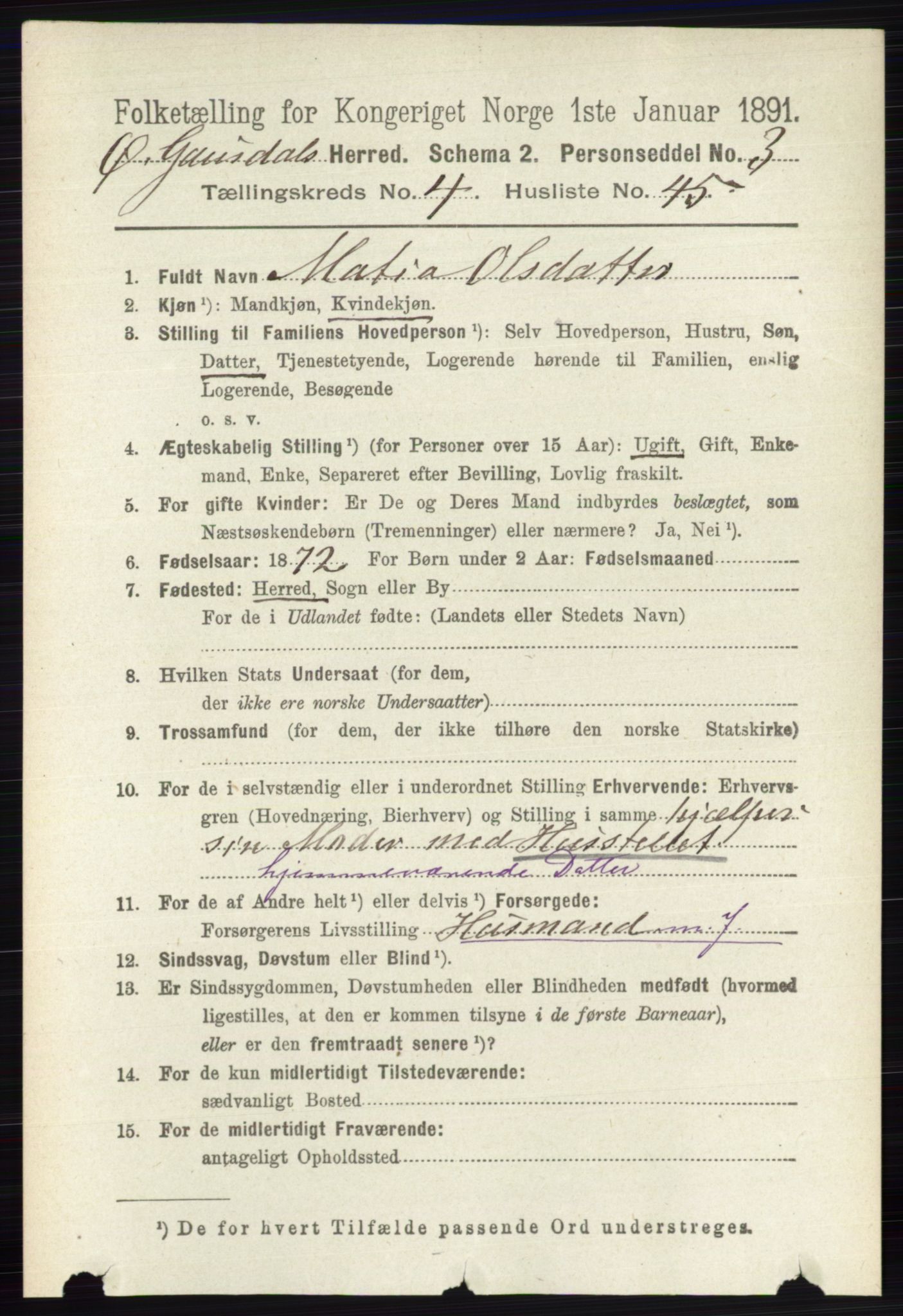 RA, 1891 census for 0522 Østre Gausdal, 1891, p. 2803