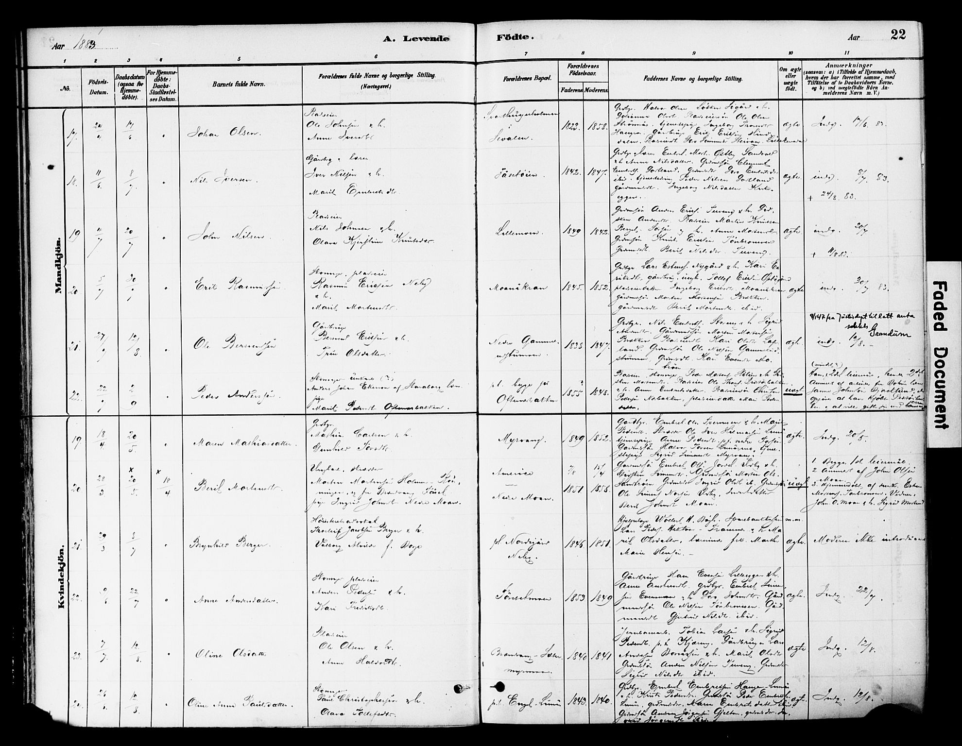 Tynset prestekontor, AV/SAH-PREST-058/H/Ha/Haa/L0022: Parish register (official) no. 22, 1880-1899, p. 22