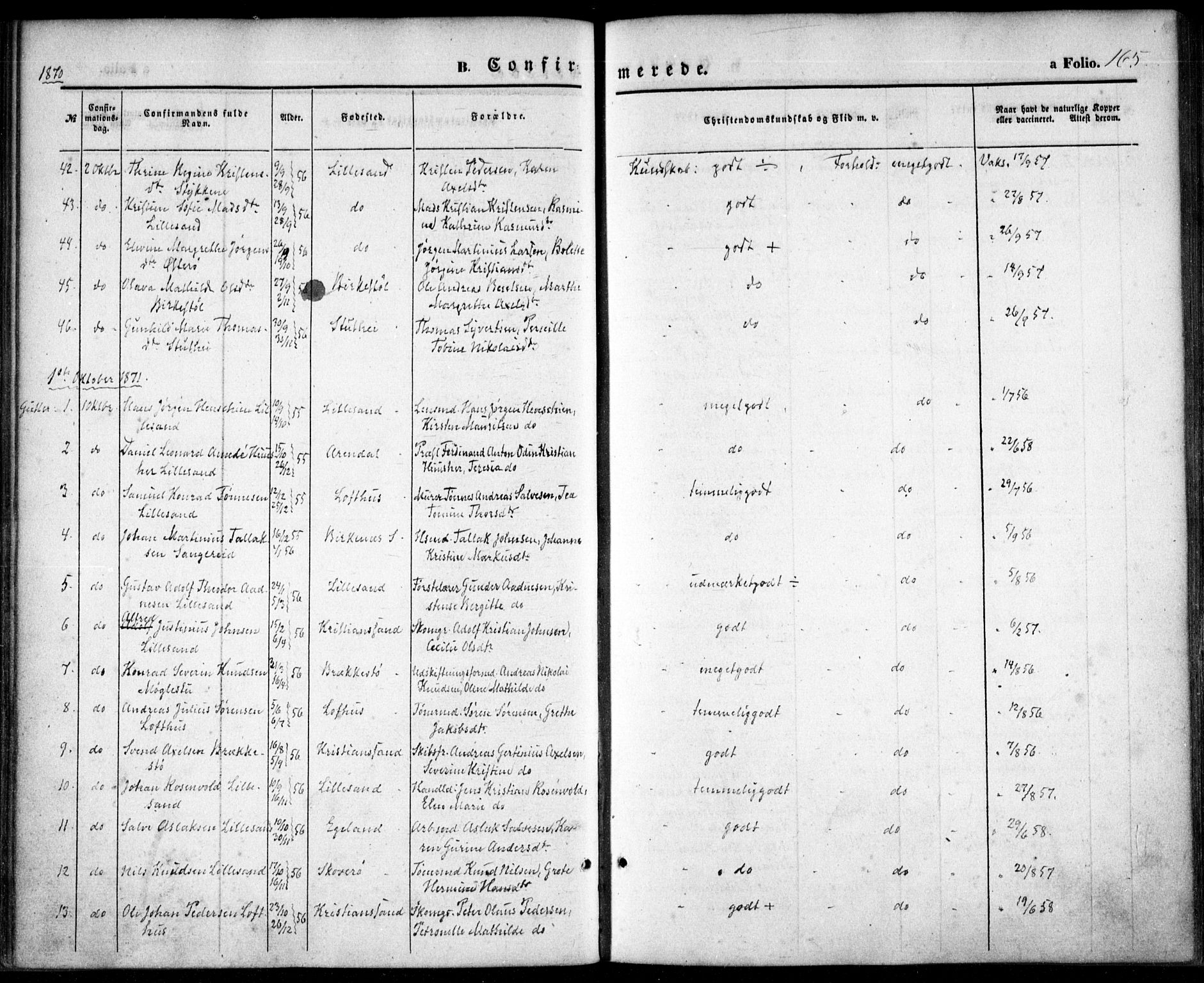 Vestre Moland sokneprestkontor, SAK/1111-0046/F/Fa/Fab/L0007: Parish register (official) no. A 7, 1859-1872, p. 165